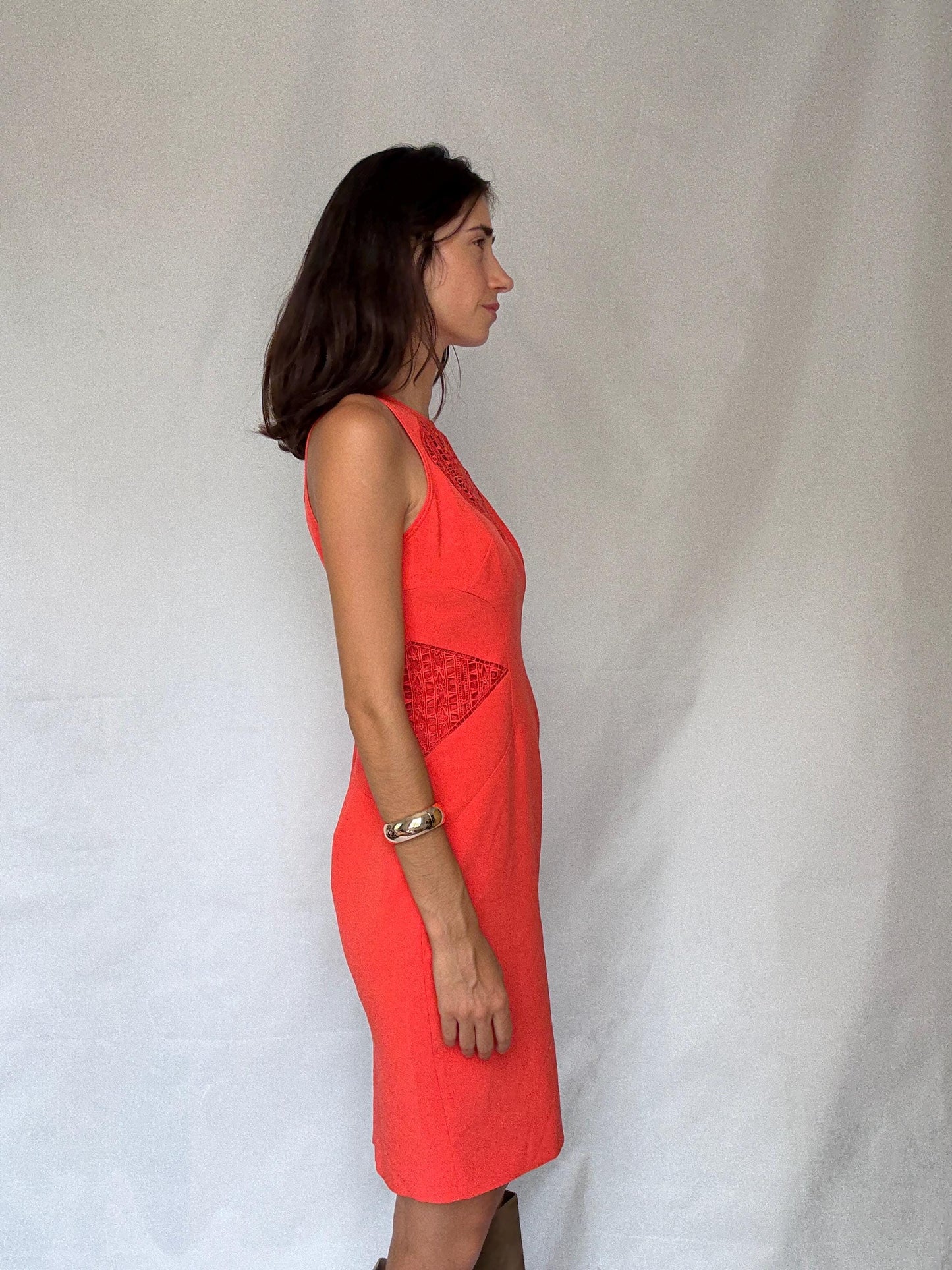 Karen Millen coral lace panel bodycon, Size US8 EU40, elegant sleeveless cocktail outfit, Luxury designer clothing, feminine pencil dress