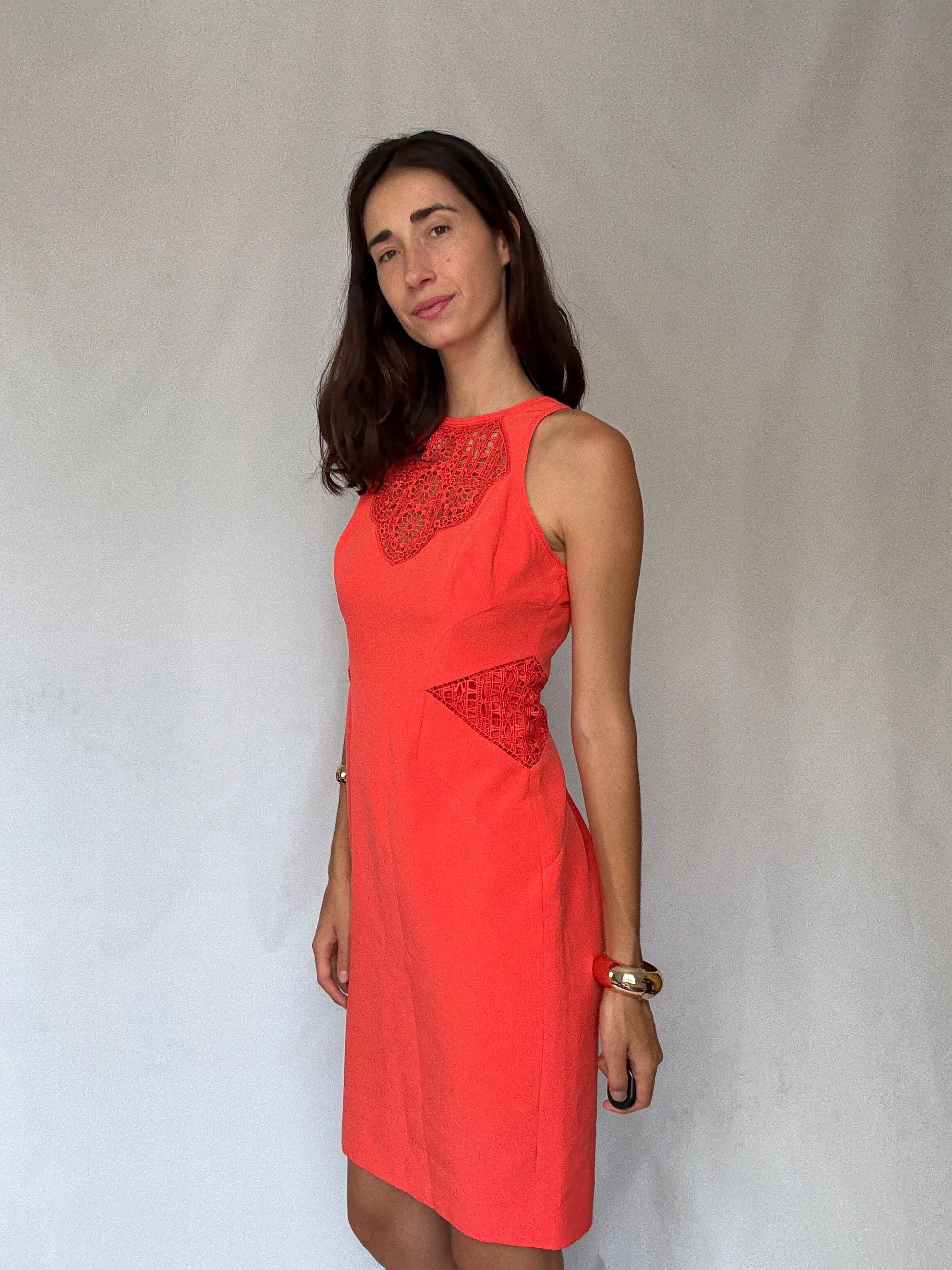 Karen Millen coral lace panel bodycon, Size US8 EU40, elegant sleeveless cocktail outfit, Luxury designer clothing, feminine pencil dress
