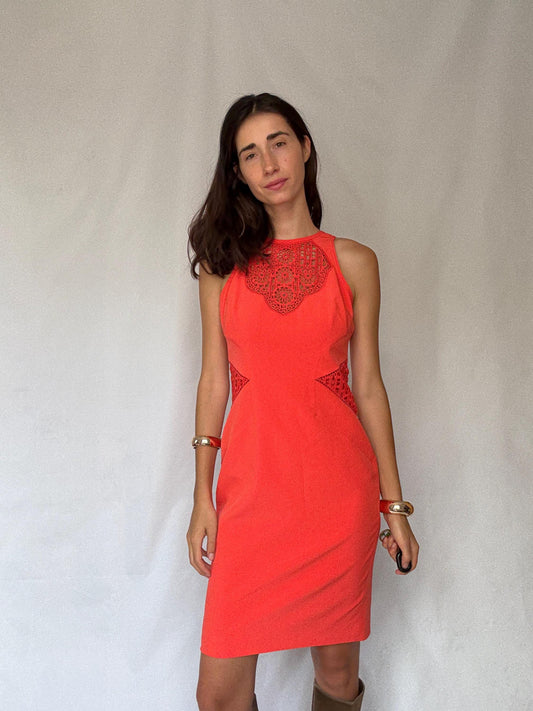 Karen Millen coral lace panel bodycon, Size US8 EU40, elegant sleeveless cocktail outfit, Luxury designer clothing, feminine pencil dress