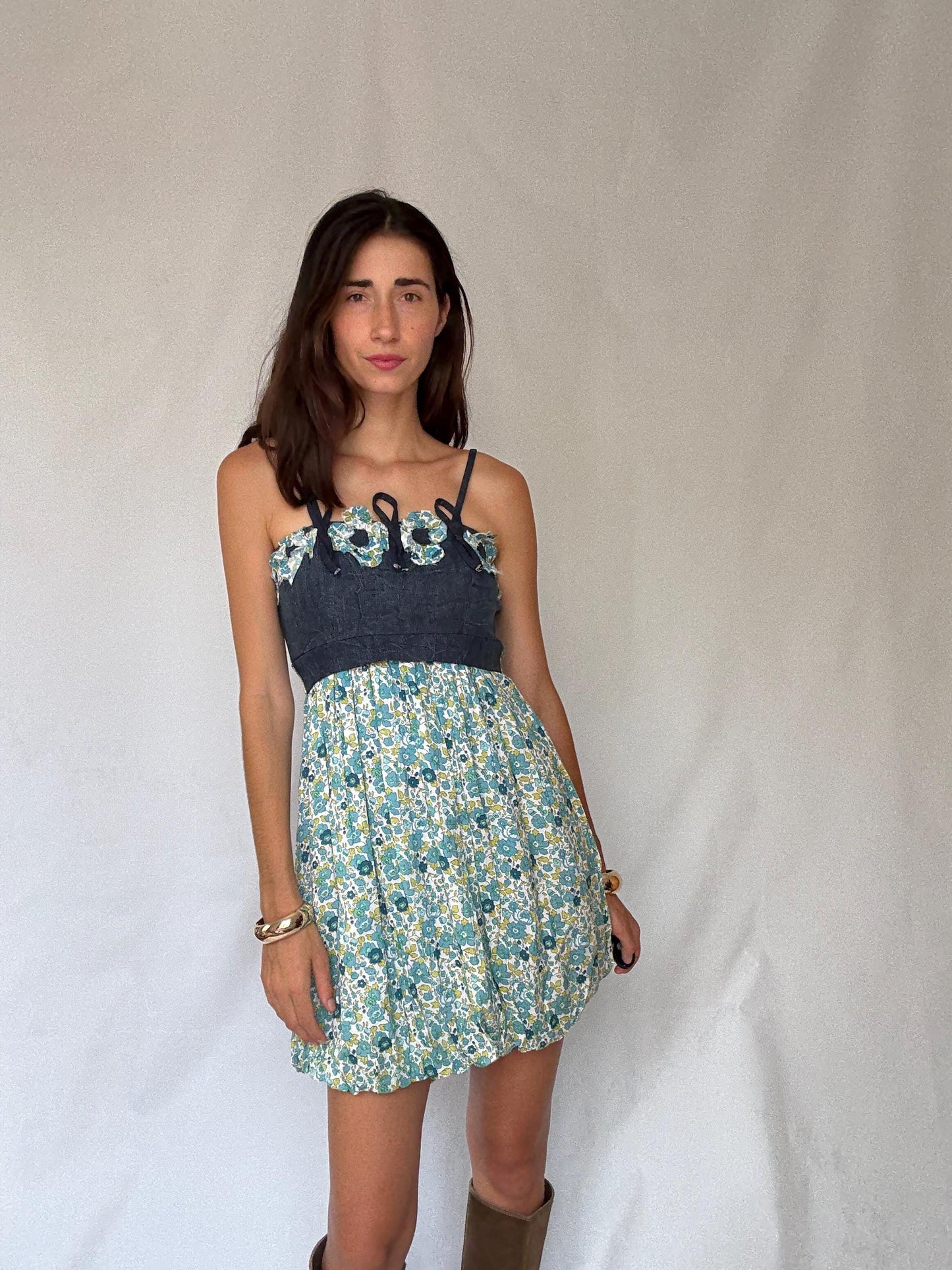 Rinascimento Italy floral cotton mini dress – denim bodice & blue green print skirt, fits S-M
