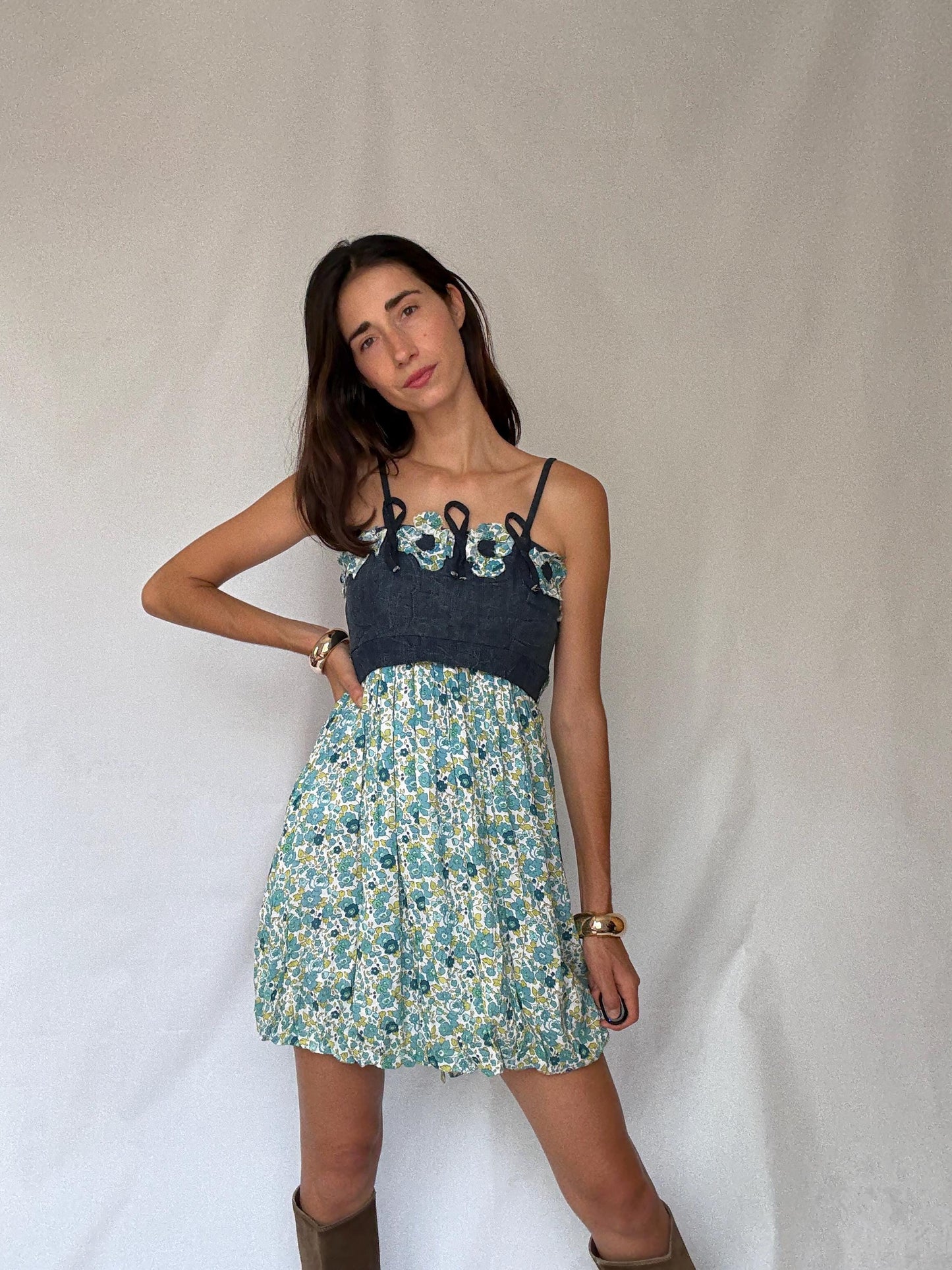 Rinascimento Italy floral cotton mini dress – denim bodice & blue green print skirt, fits S-M