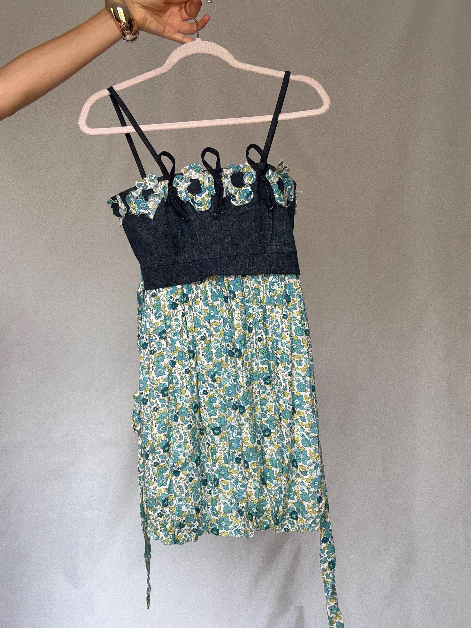 Rinascimento Italy floral cotton mini dress – denim bodice & blue green print skirt, fits S-M