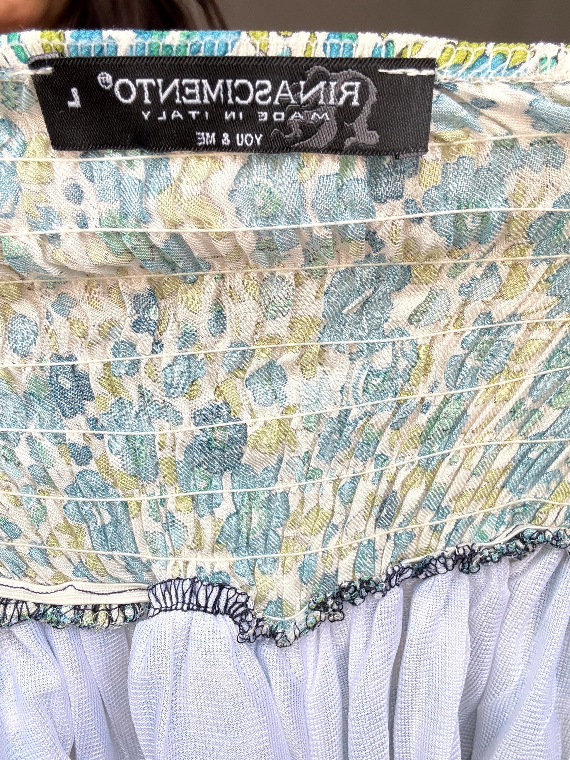 Rinascimento Italy floral cotton mini dress – denim bodice & blue green print skirt, fits S-M