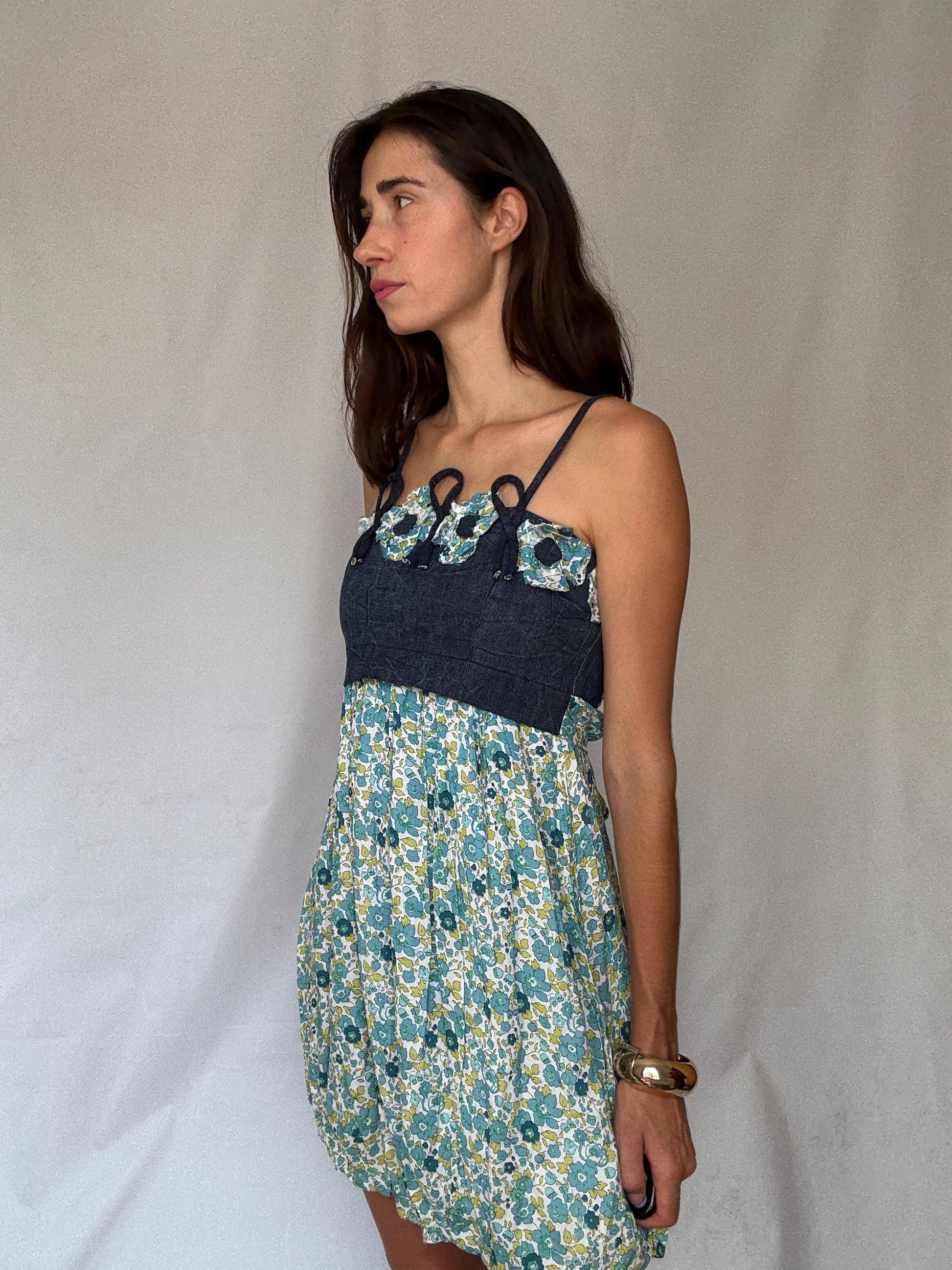 Rinascimento Italy floral cotton mini dress – denim bodice & blue green print skirt, fits S-M