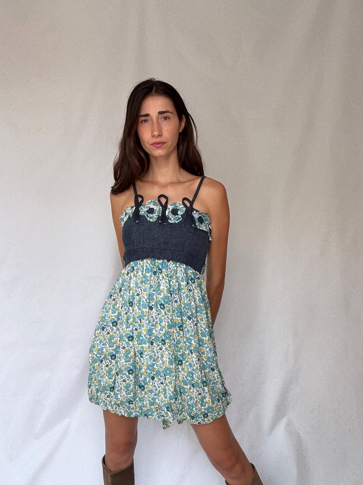 Rinascimento Italy floral cotton mini dress – denim bodice & blue green print skirt, fits S-M