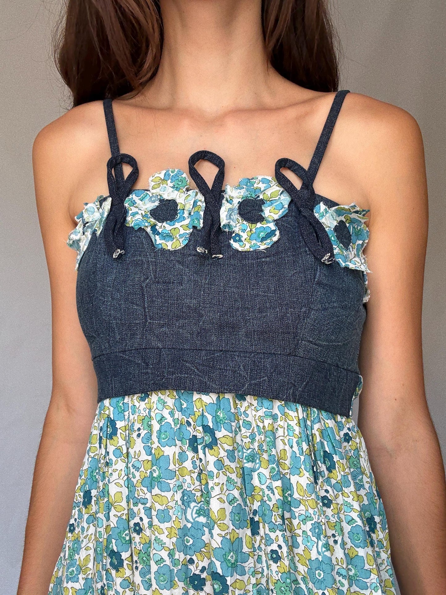 Rinascimento Italy floral cotton mini dress – denim bodice & blue green print skirt, fits S-M