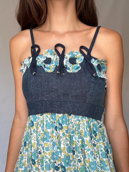 Rinascimento Italy floral cotton mini dress – denim bodice & blue green print skirt, fits S-M