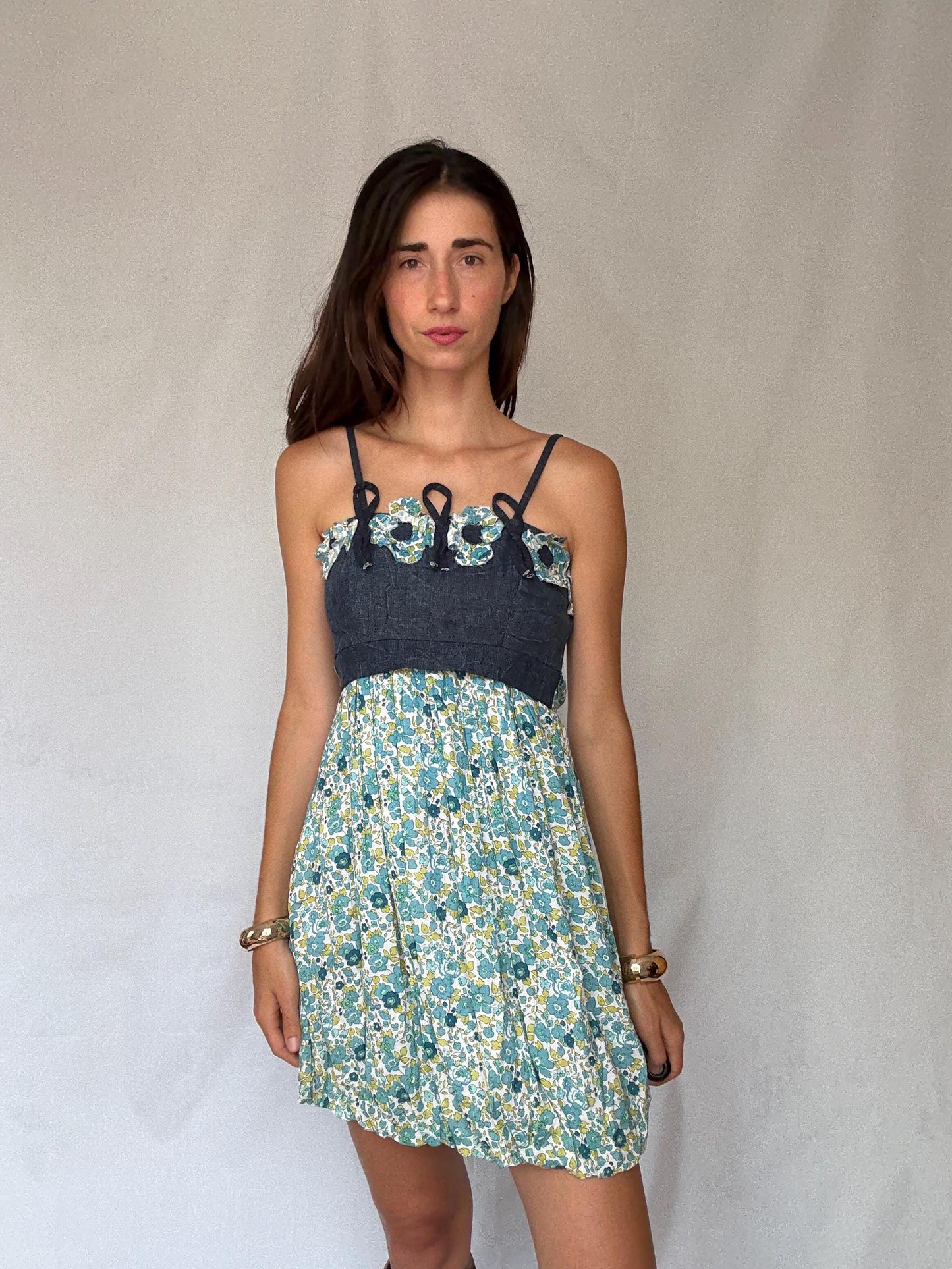 Rinascimento Italy floral cotton mini dress – denim bodice & blue green print skirt, fits S-M