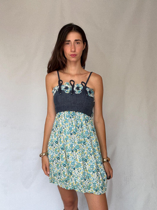 Rinascimento Italy floral cotton mini dress – denim bodice & blue green print skirt, fits S-M