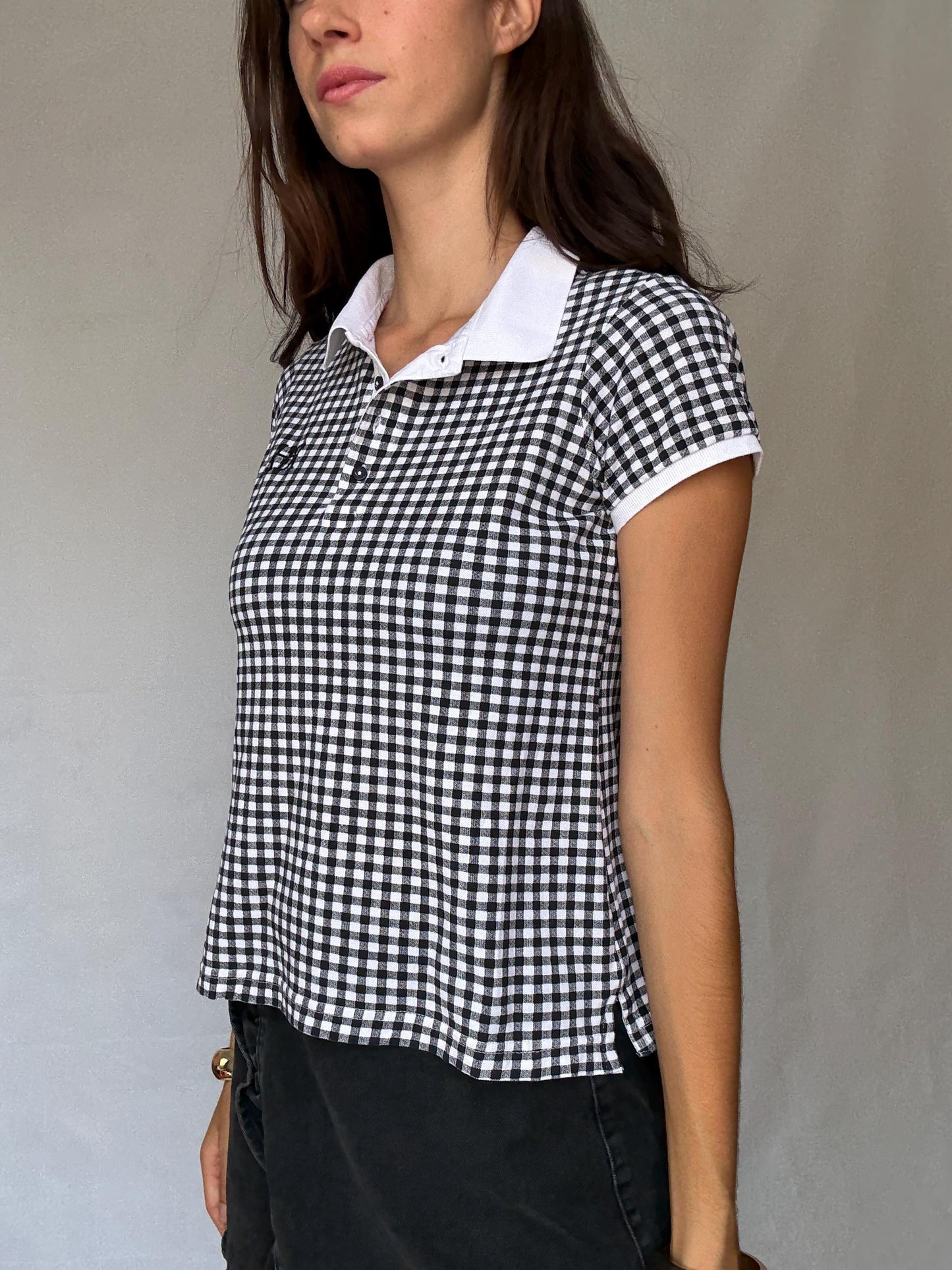 Pedro del Hierro black gingham stretch cotton polo shirt – retro 00s prep school aesthetic – short sleeve fitted top US XS