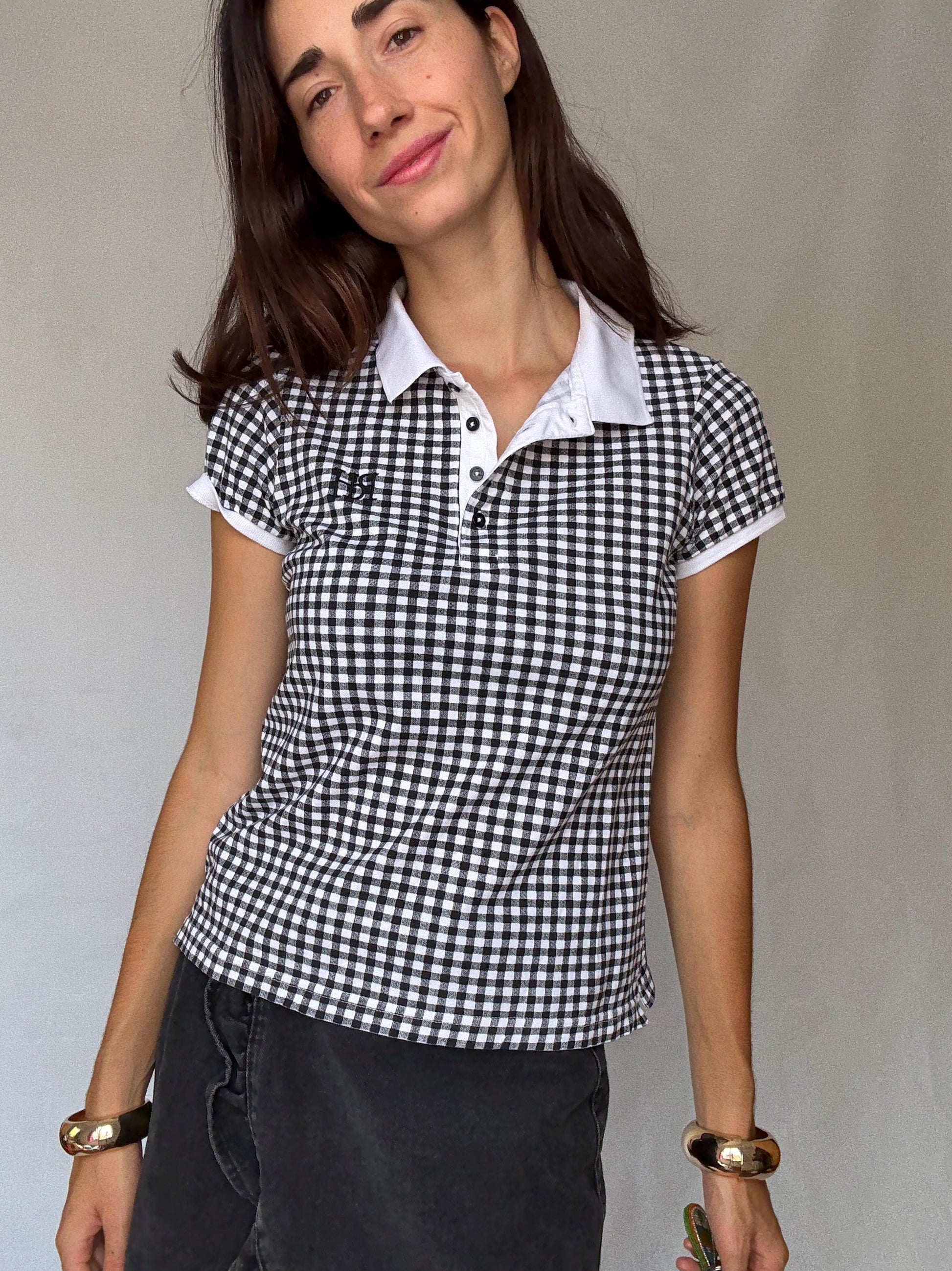 Pedro del Hierro black gingham stretch cotton polo shirt – retro 00s prep school aesthetic – short sleeve fitted top US XS