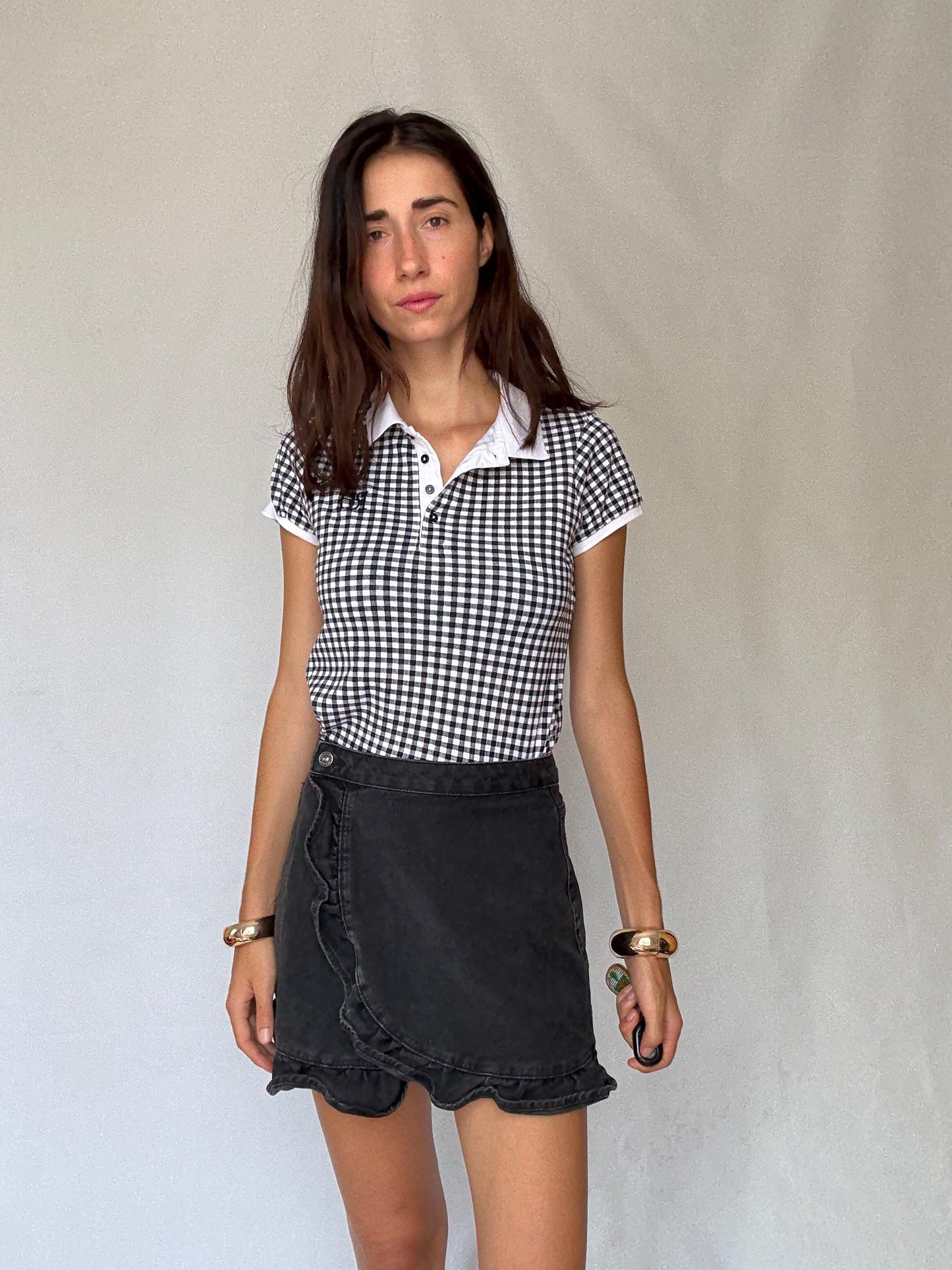 Pedro del Hierro black gingham stretch cotton polo shirt – retro 00s prep school aesthetic – short sleeve fitted top US XS