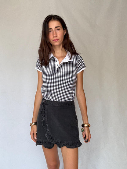 Black Gingham Stretch Cotton Polo Shirt — additional view 8
