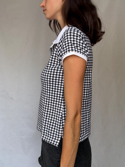 Black Gingham Stretch Cotton Polo Shirt — fabric close-up