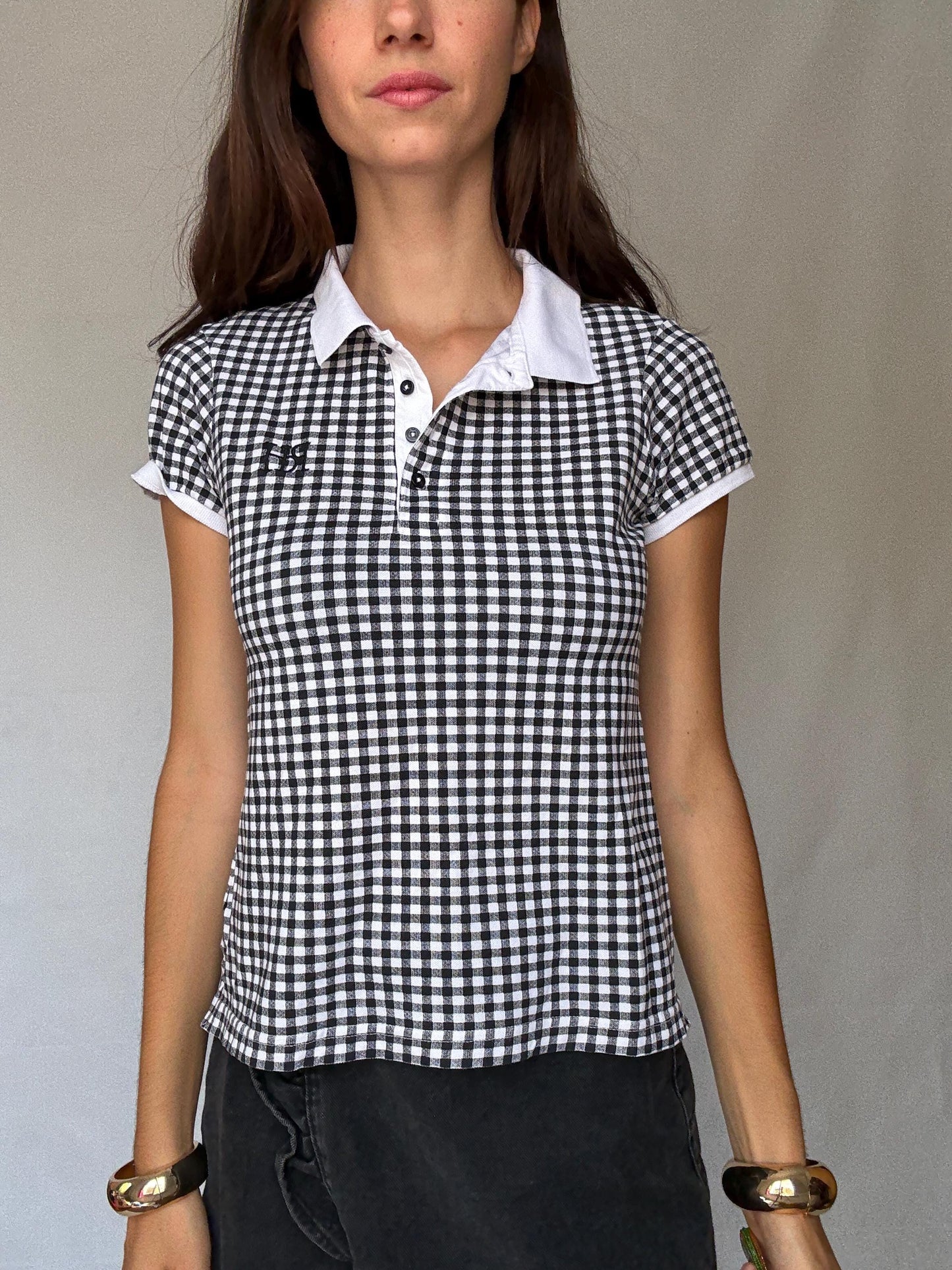 Pedro del Hierro black gingham stretch cotton polo shirt – retro 00s prep school aesthetic – short sleeve fitted top US XS