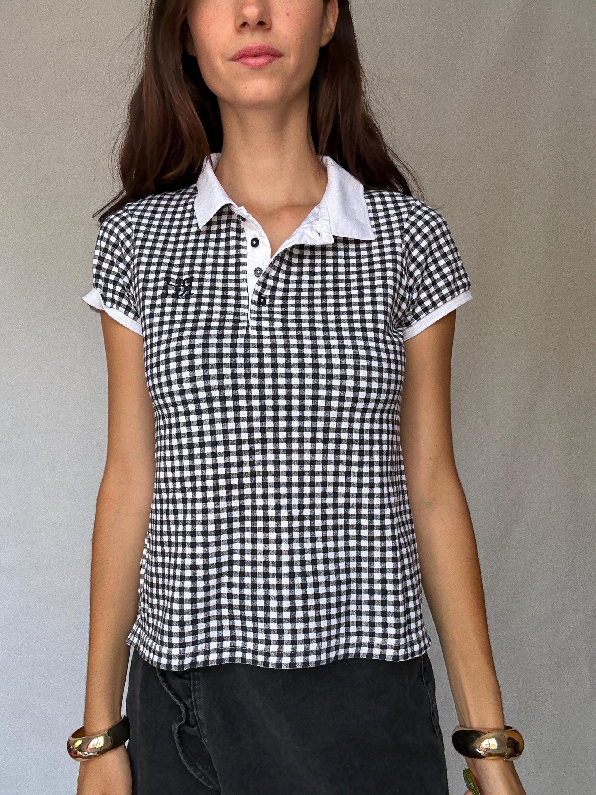Pedro del Hierro black gingham stretch cotton polo shirt – retro 00s prep school aesthetic – short sleeve fitted top US XS