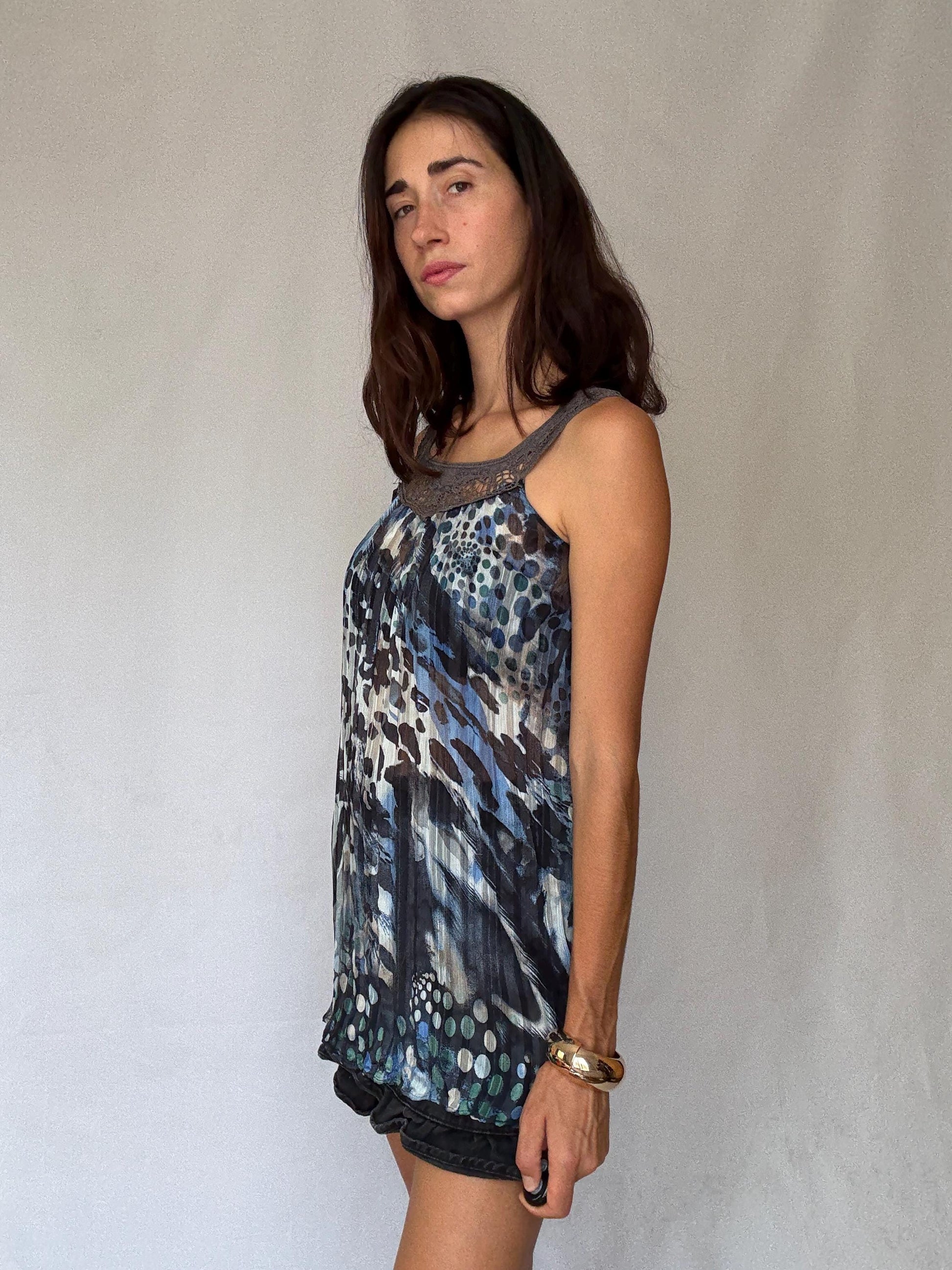 Vintage Sheer Cotton Button-Up Shirt – 70s Geometric Print Blouse, classic relaxed fit, breathable casual top, Size S