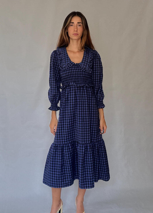Vintage gingham cotton blend maxi dress with shirred waist and statement collar – navy cottagecore check prairie look US XS