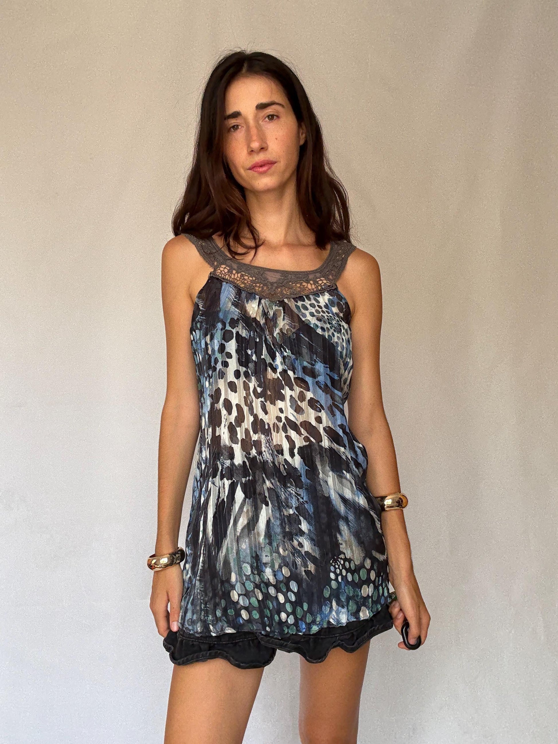 Vintage Sheer Cotton Button-Up Shirt – 70s Geometric Print Blouse, classic relaxed fit, breathable casual top, Size S