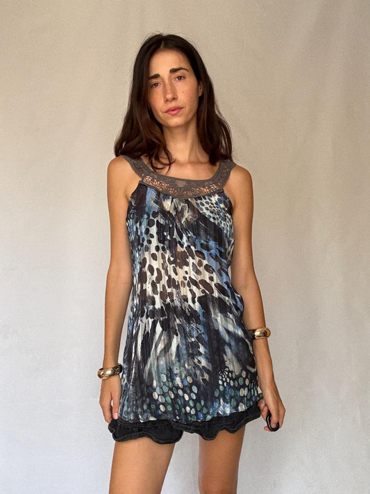 Vintage Sheer Cotton Button-Up Shirt – 70s Geometric Print Blouse, classic relaxed fit, breathable casual top, Size S