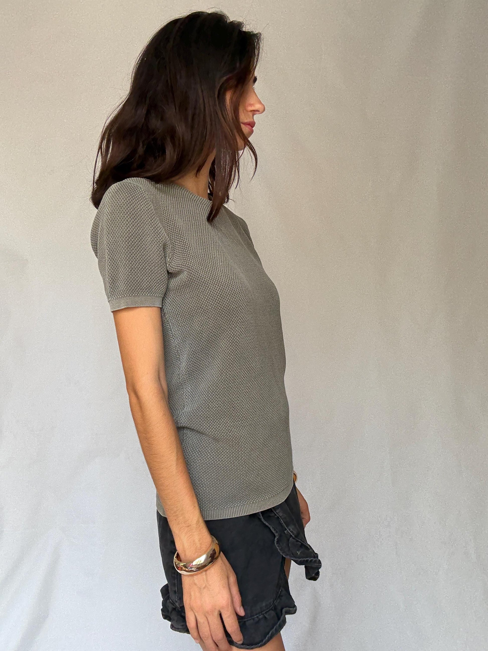 Massimo Dutti extrafine cotton knit tee in S, men’s boxy fit cotton top, dark academia minimal sweater look, thick weave short sleeve