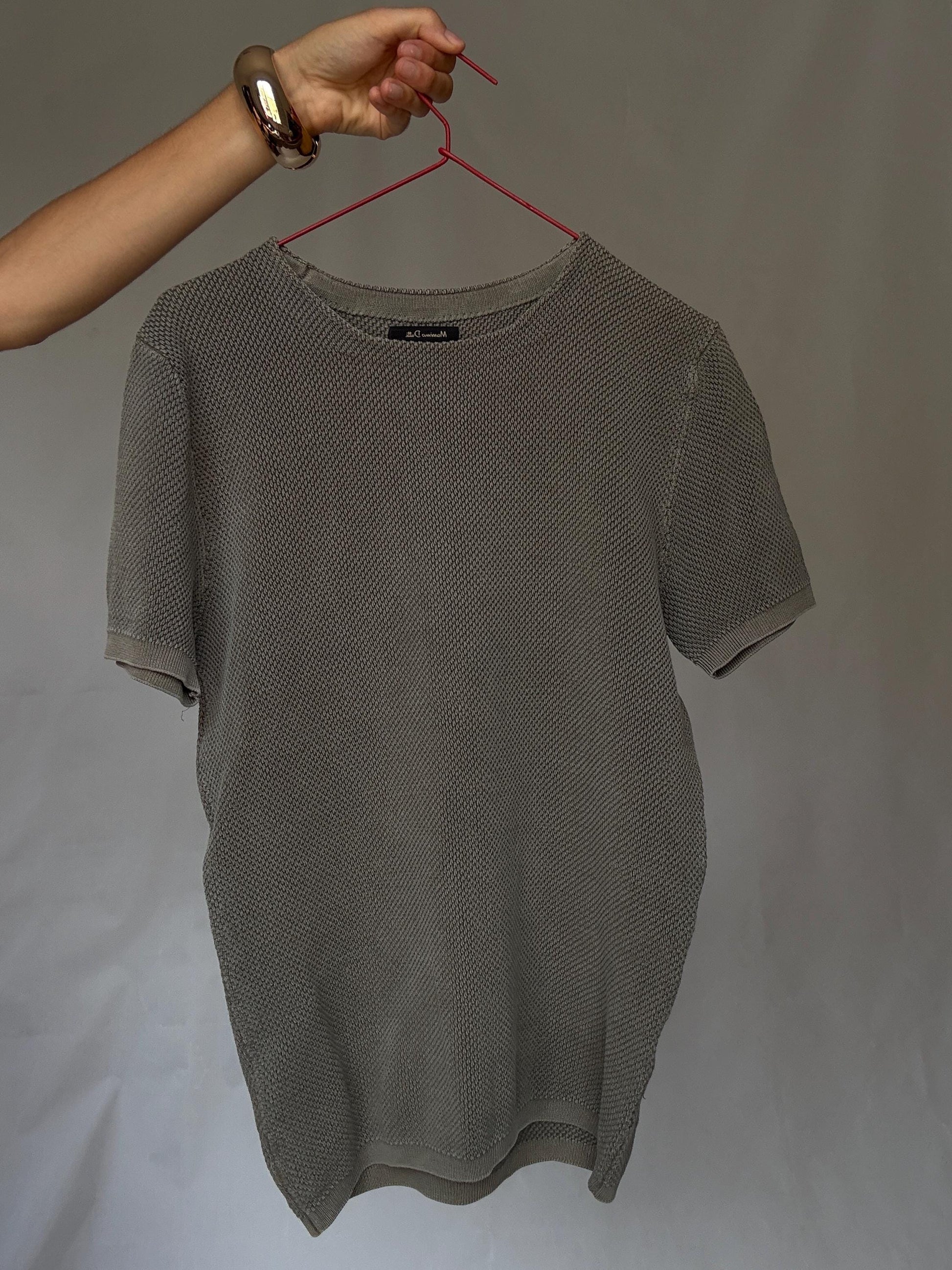 Massimo Dutti extrafine cotton knit tee in S, men’s boxy fit cotton top, dark academia minimal sweater look, thick weave short sleeve