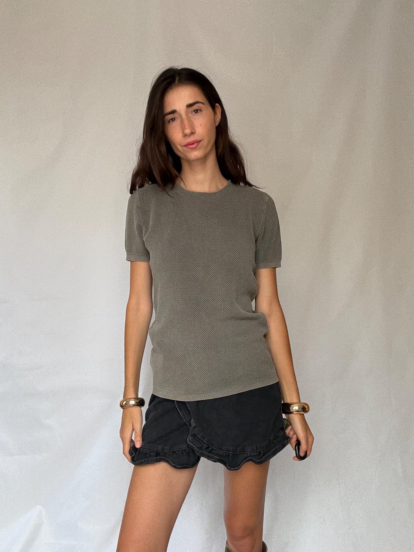 Massimo Dutti extrafine cotton knit tee in S, men’s boxy fit cotton top, dark academia minimal sweater look, thick weave short sleeve