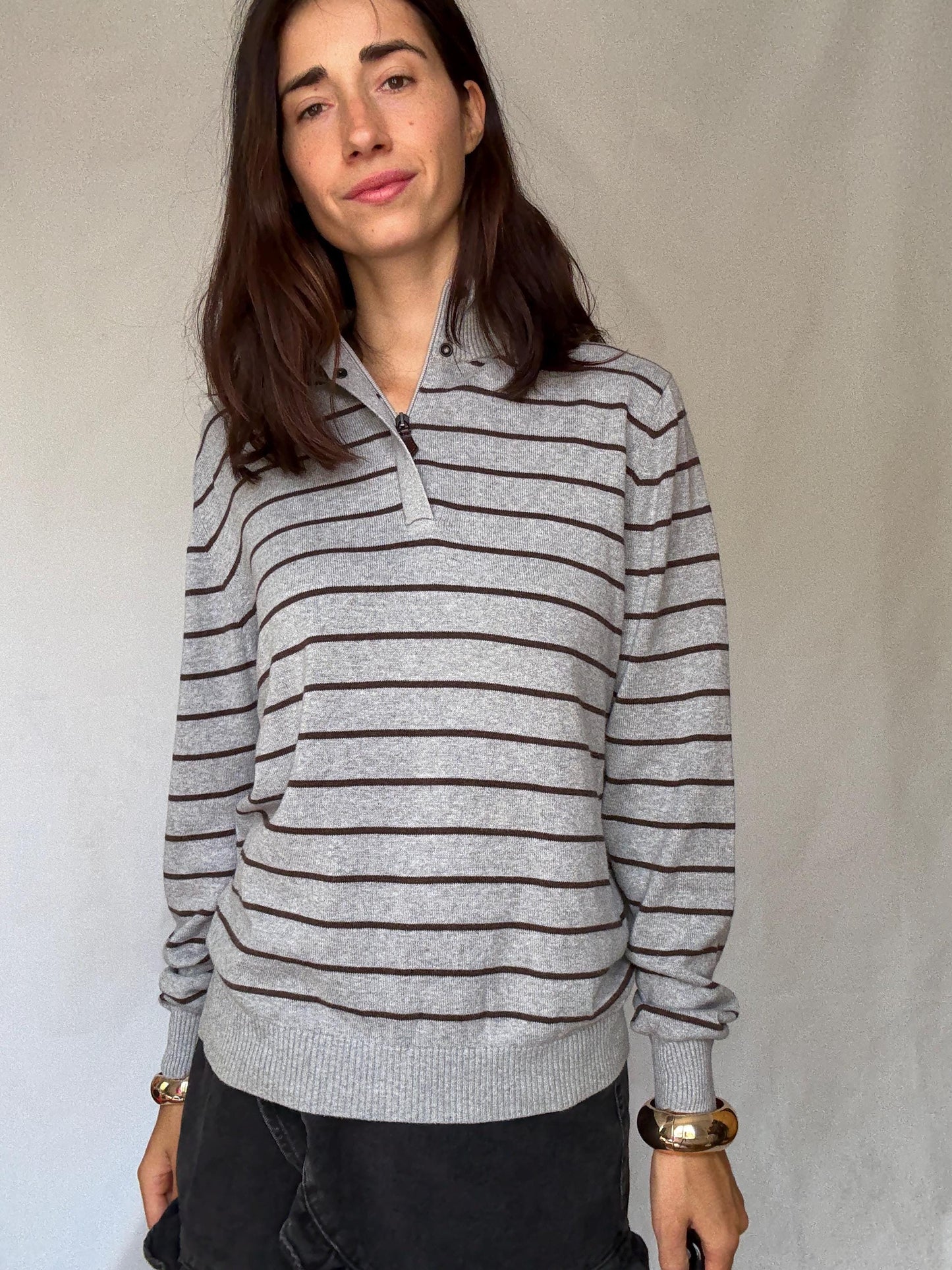 Massimo Dutti men’s striped US M cotton pullover – grey and brown half button knit sweater with ribbed cuffs and hem, classic preppy casual