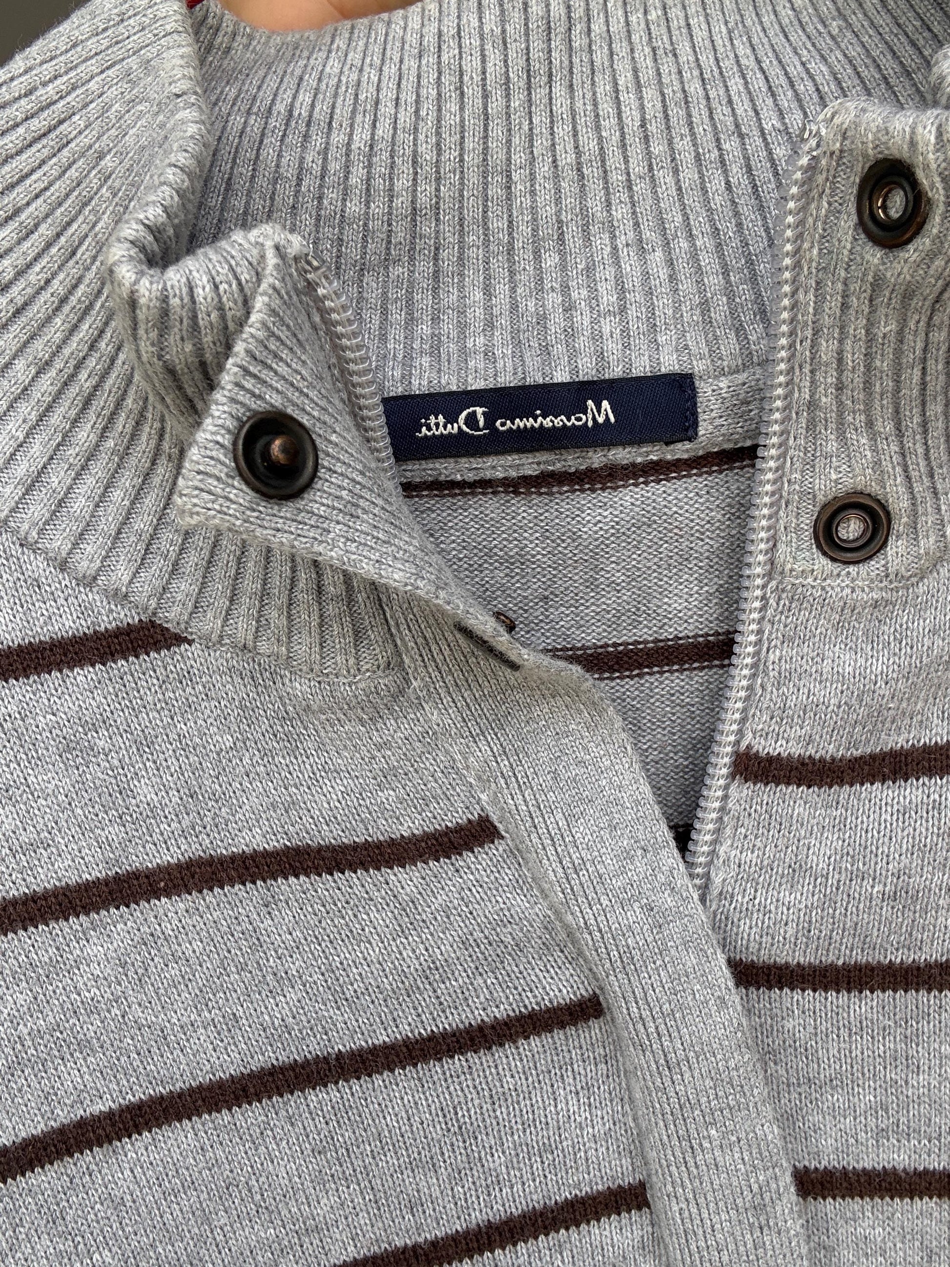 Massimo Dutti men’s striped US M cotton pullover – grey and brown half button knit sweater with ribbed cuffs and hem, classic preppy casual