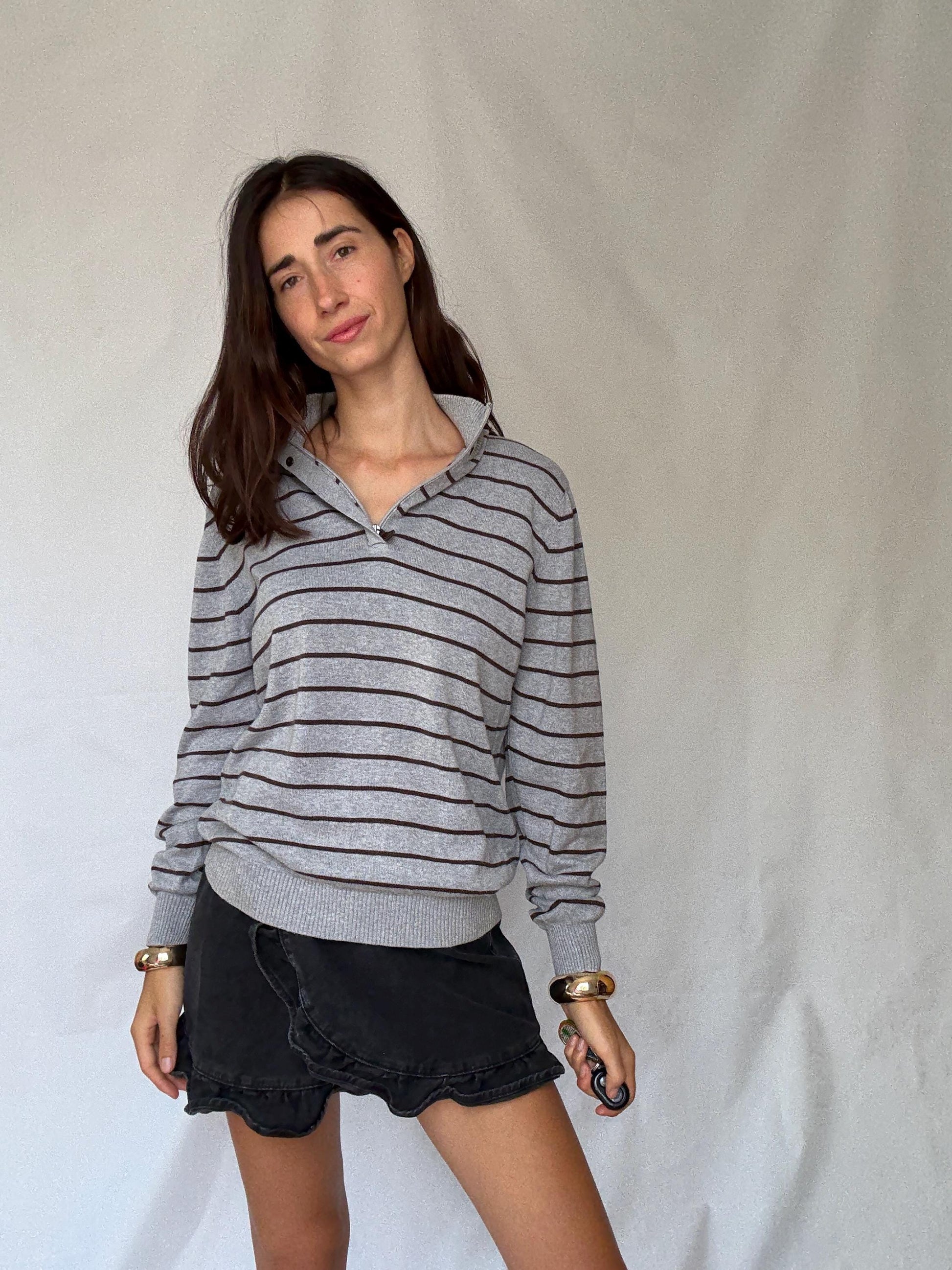 Massimo Dutti men’s striped US M cotton pullover – grey and brown half button knit sweater with ribbed cuffs and hem, classic preppy casual