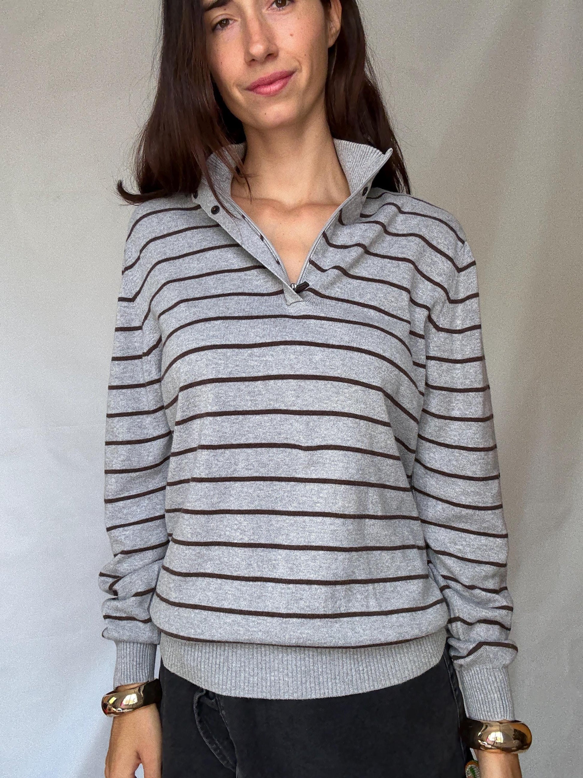 Massimo Dutti men’s striped US M cotton pullover – grey and brown half button knit sweater with ribbed cuffs and hem, classic preppy casual