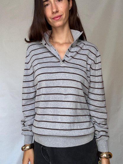 Grey And Brown Striped Cotton Pullover