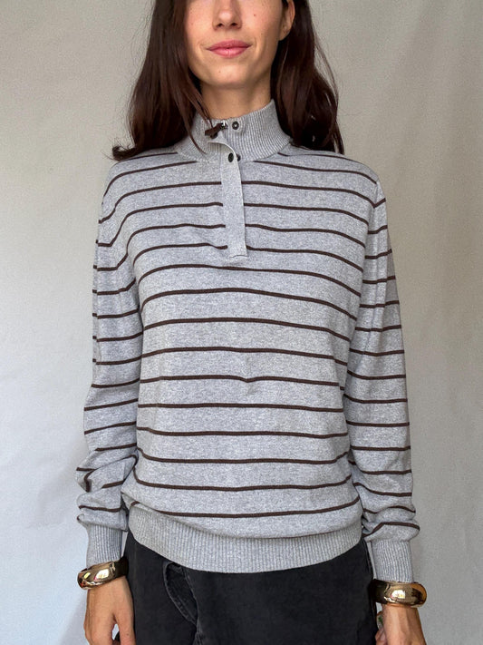 Men's Striped Cotton Pullover, Grey & Brown — detail