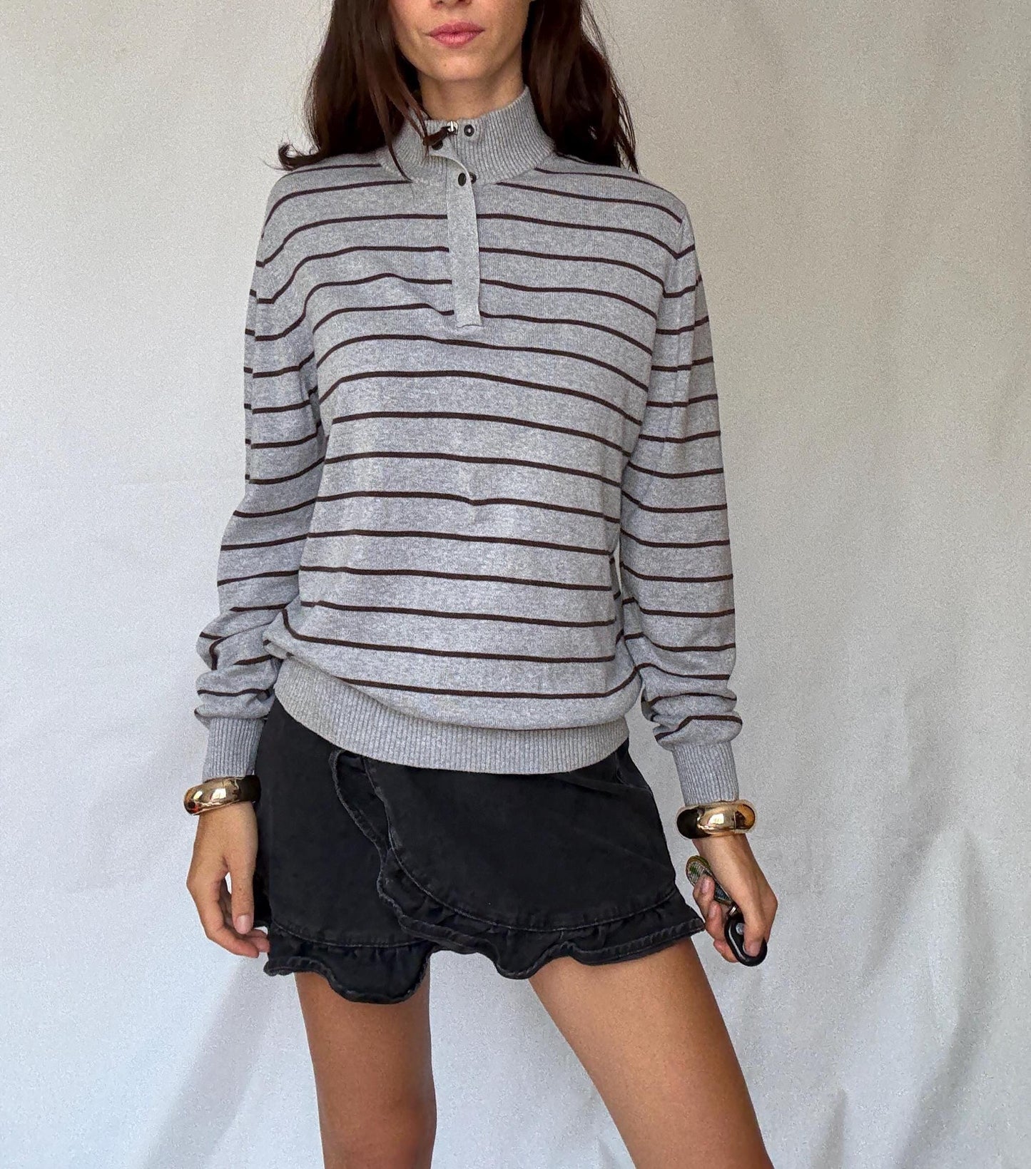 Massimo Dutti men’s striped US M cotton pullover – grey and brown half button knit sweater with ribbed cuffs and hem, classic preppy casual