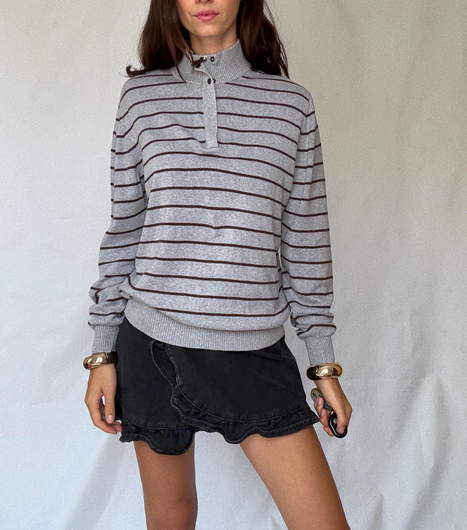 Massimo Dutti men’s striped US M cotton pullover – grey and brown half button knit sweater with ribbed cuffs and hem, classic preppy casual