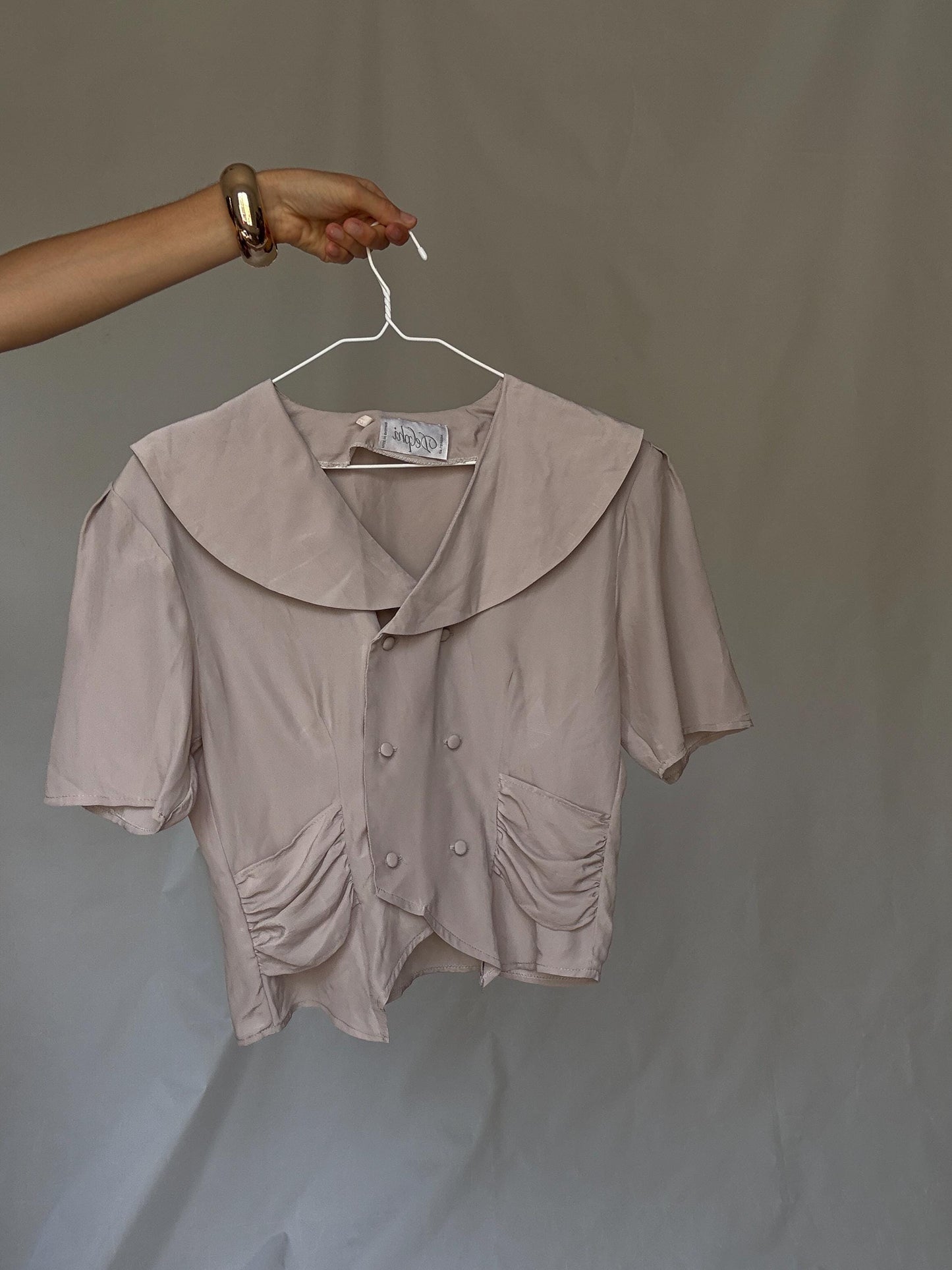 Vintage Delphi of London blouse – pale mauve double-breasted top with sailor collar UK size M