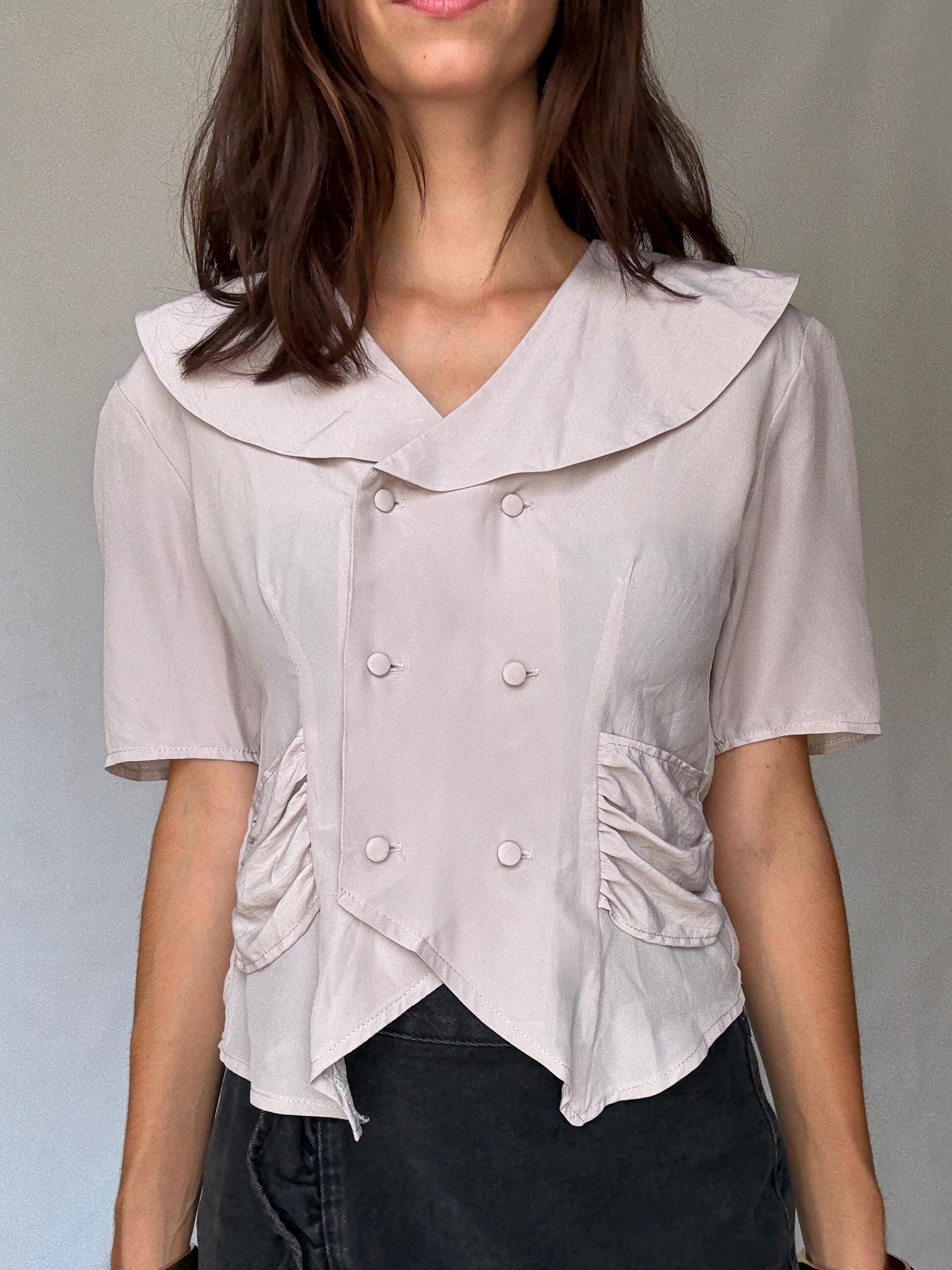 Vintage Delphi of London blouse – pale mauve double-breasted top with sailor collar UK size M