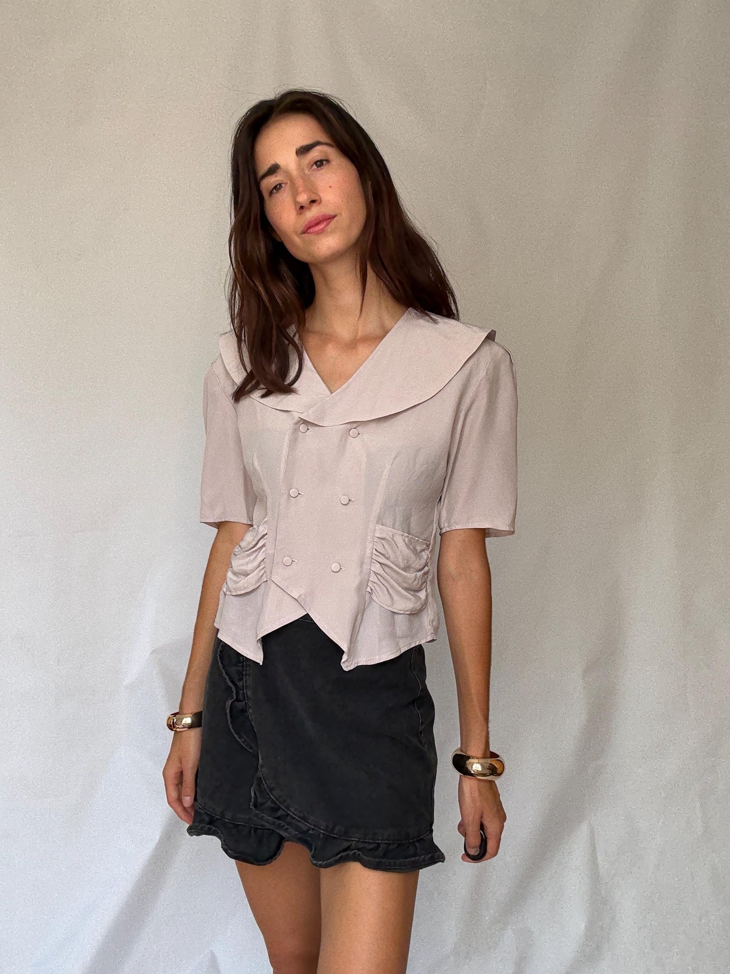 Vintage Delphi of London blouse – pale mauve double-breasted top with sailor collar UK size M