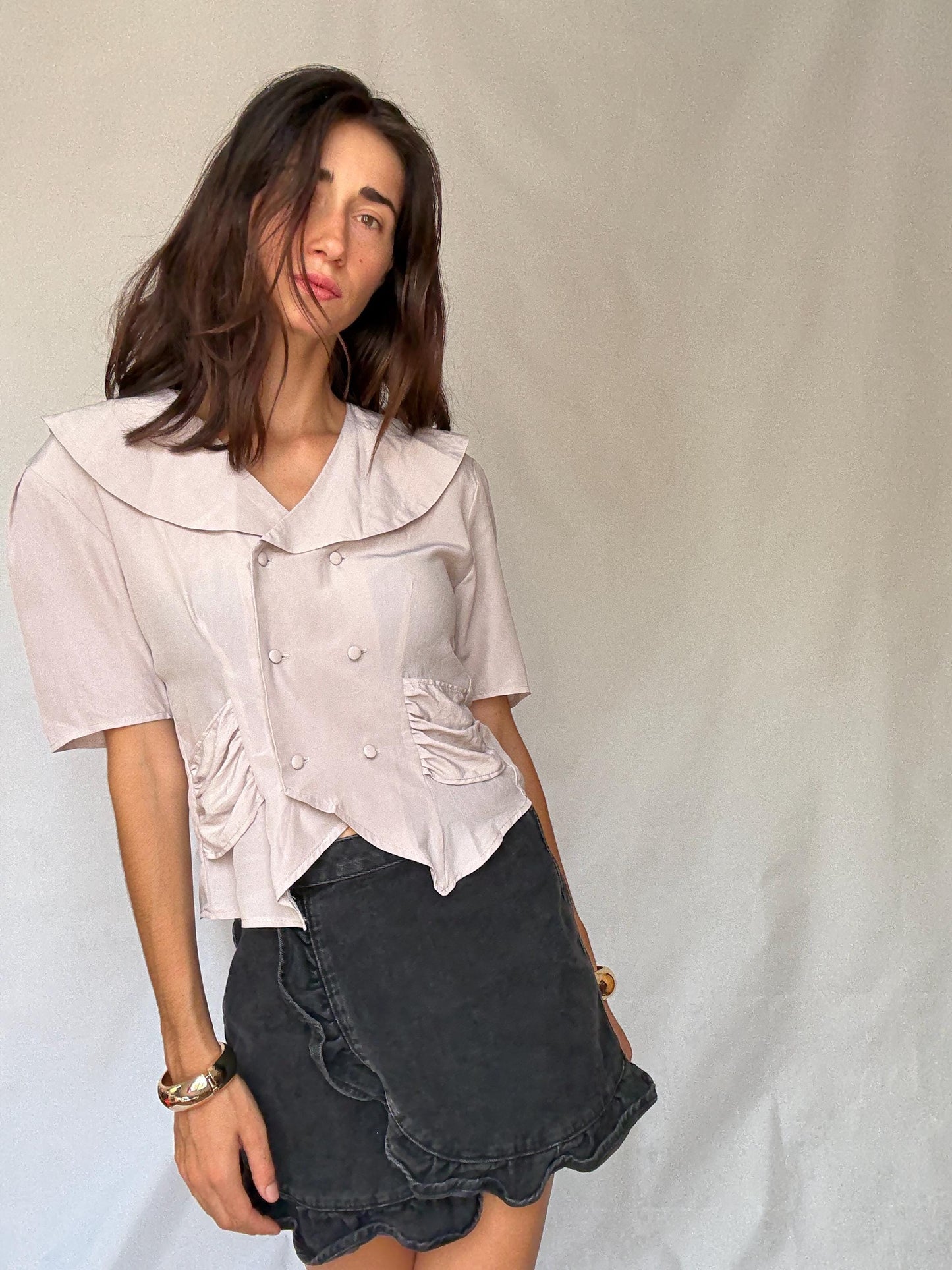 Vintage Delphi of London blouse – pale mauve double-breasted top with sailor collar UK size M