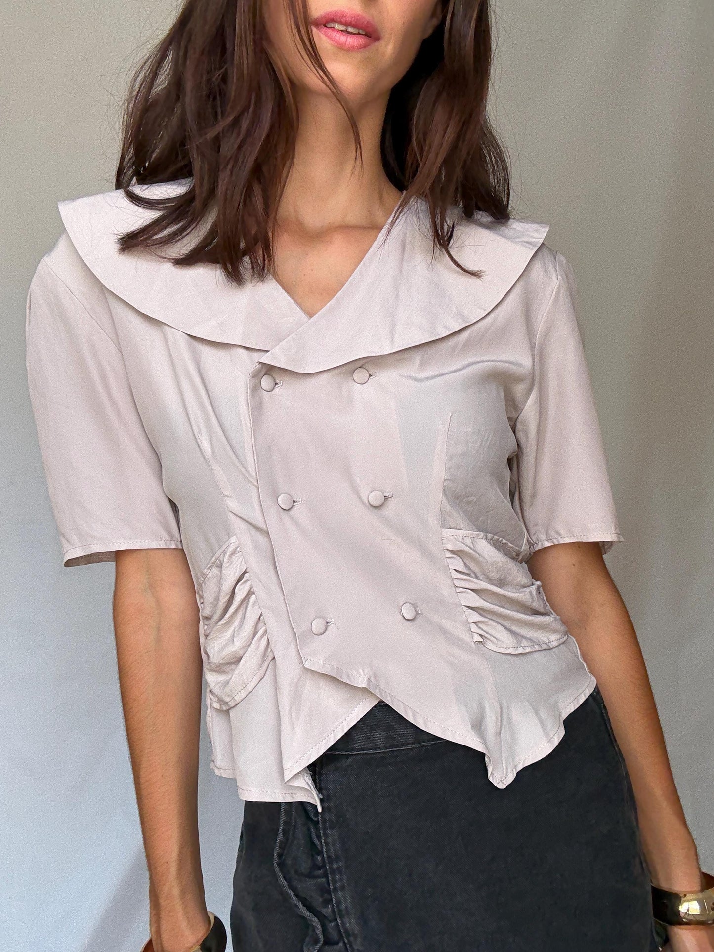 Vintage Delphi of London blouse – pale mauve double-breasted top with sailor collar UK size M