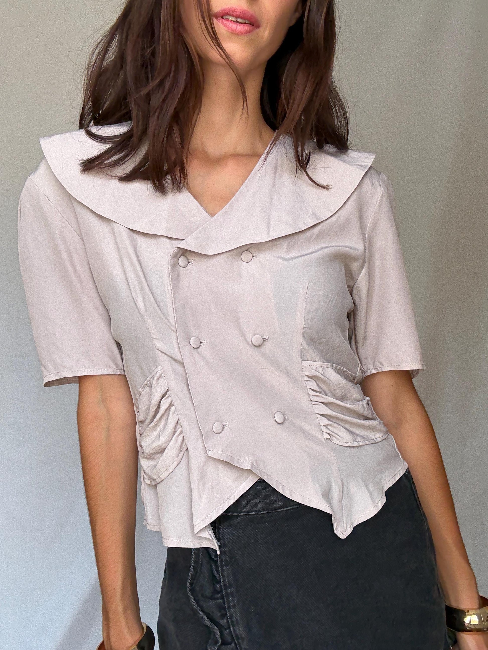 Vintage Delphi of London blouse – pale mauve double-breasted top with sailor collar UK size M