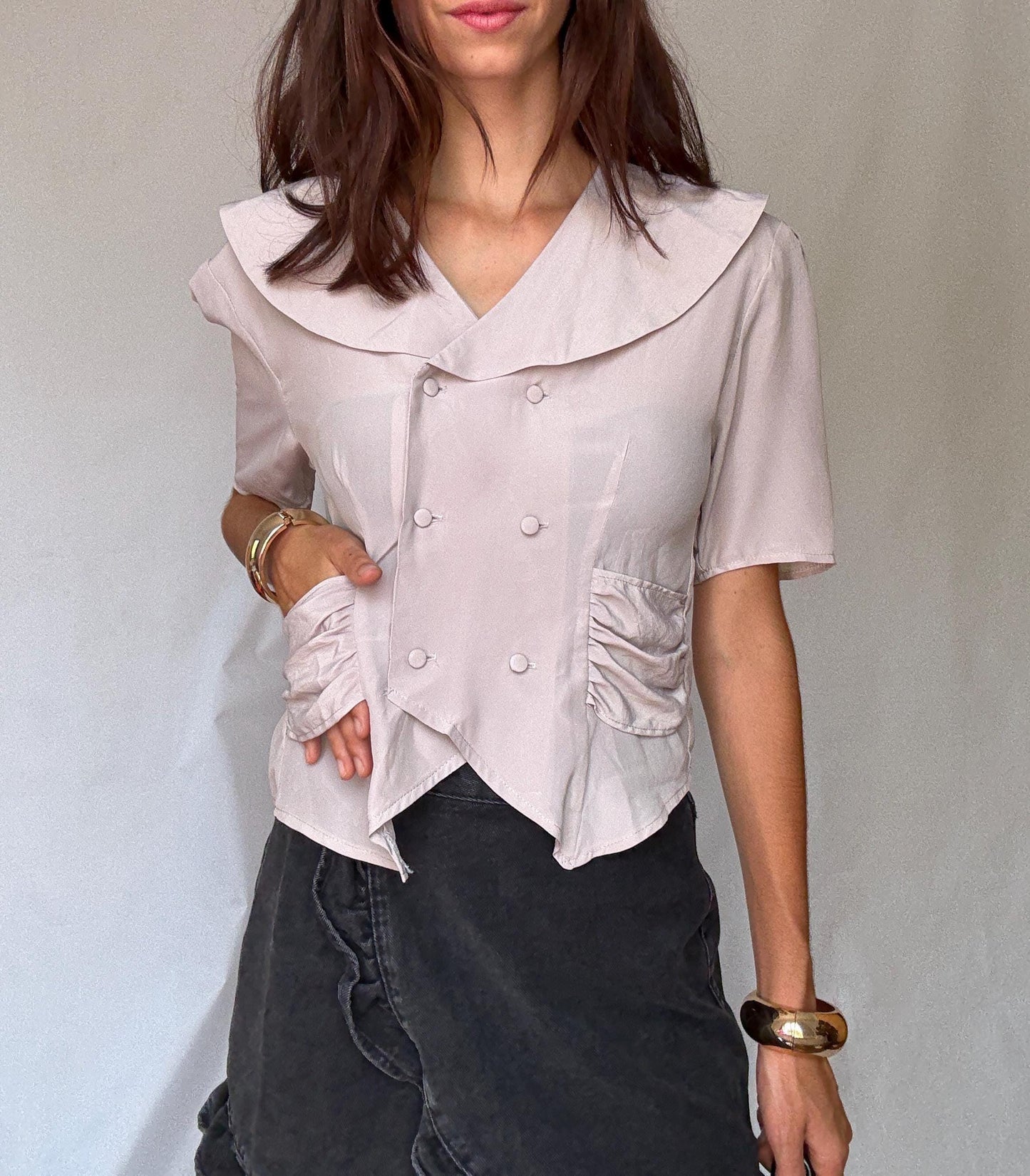 Vintage Delphi of London blouse – pale mauve double-breasted top with sailor collar UK size M