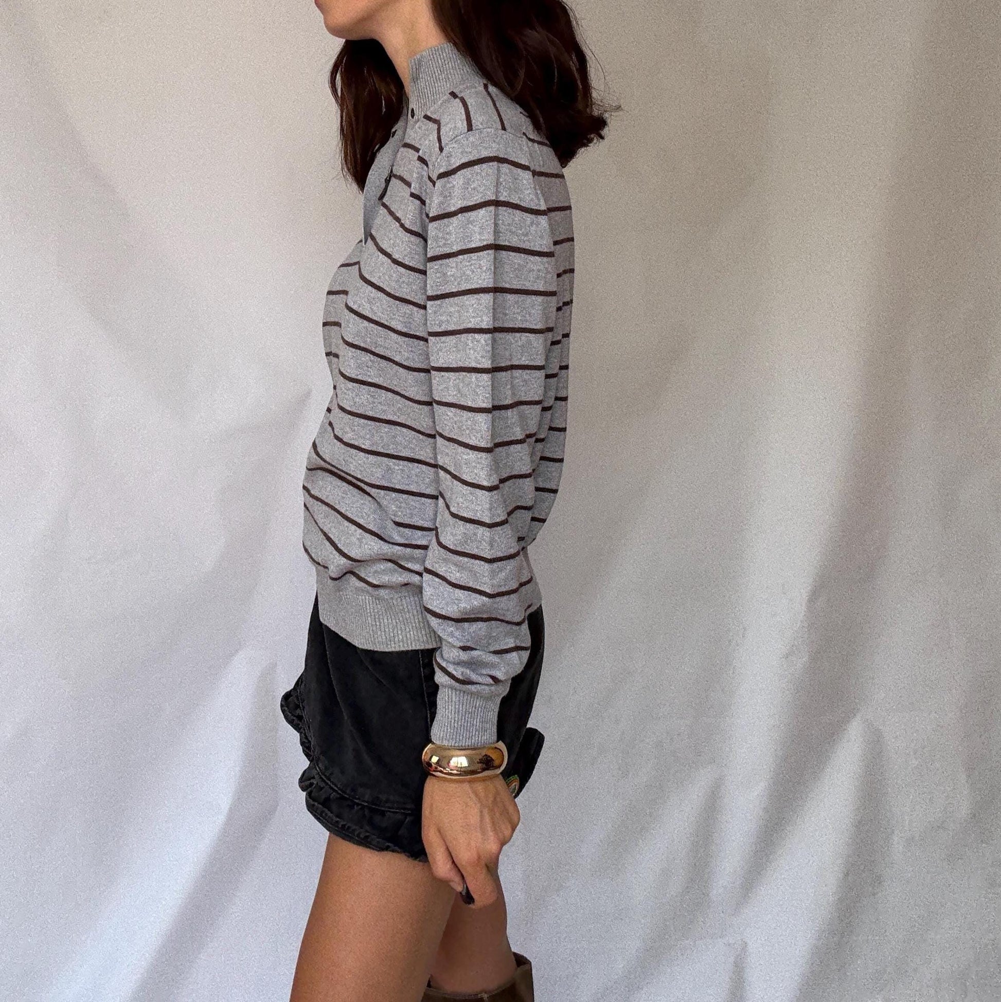 Massimo Dutti men’s striped US M cotton pullover – grey and brown half button knit sweater with ribbed cuffs and hem, classic preppy casual