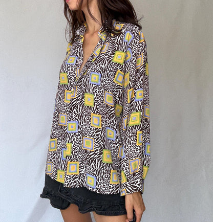 70s Geometric Animal Print Blouse - Vintage Boho Chic