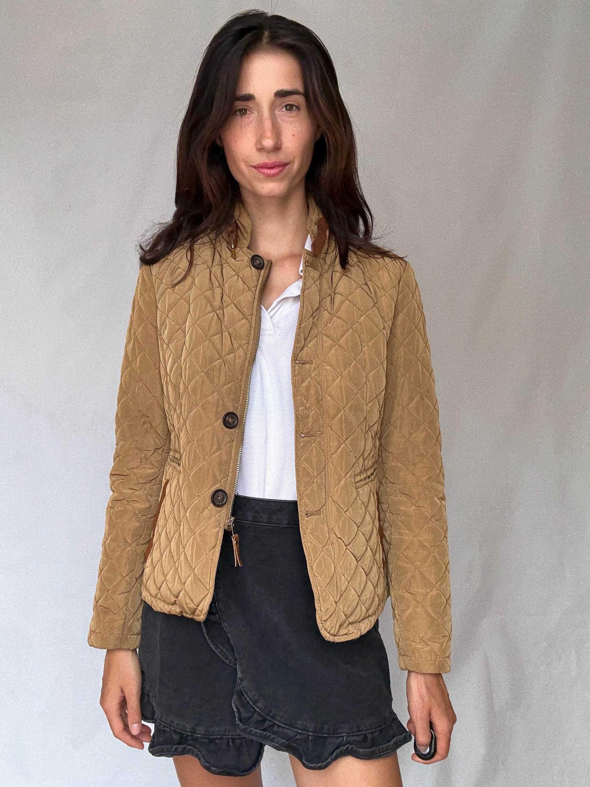 Massimo Dutti tan quilted coat, cotton feel, structured fit, two, button closure, leather, accented pockets, minimalist, US XL, smart casual