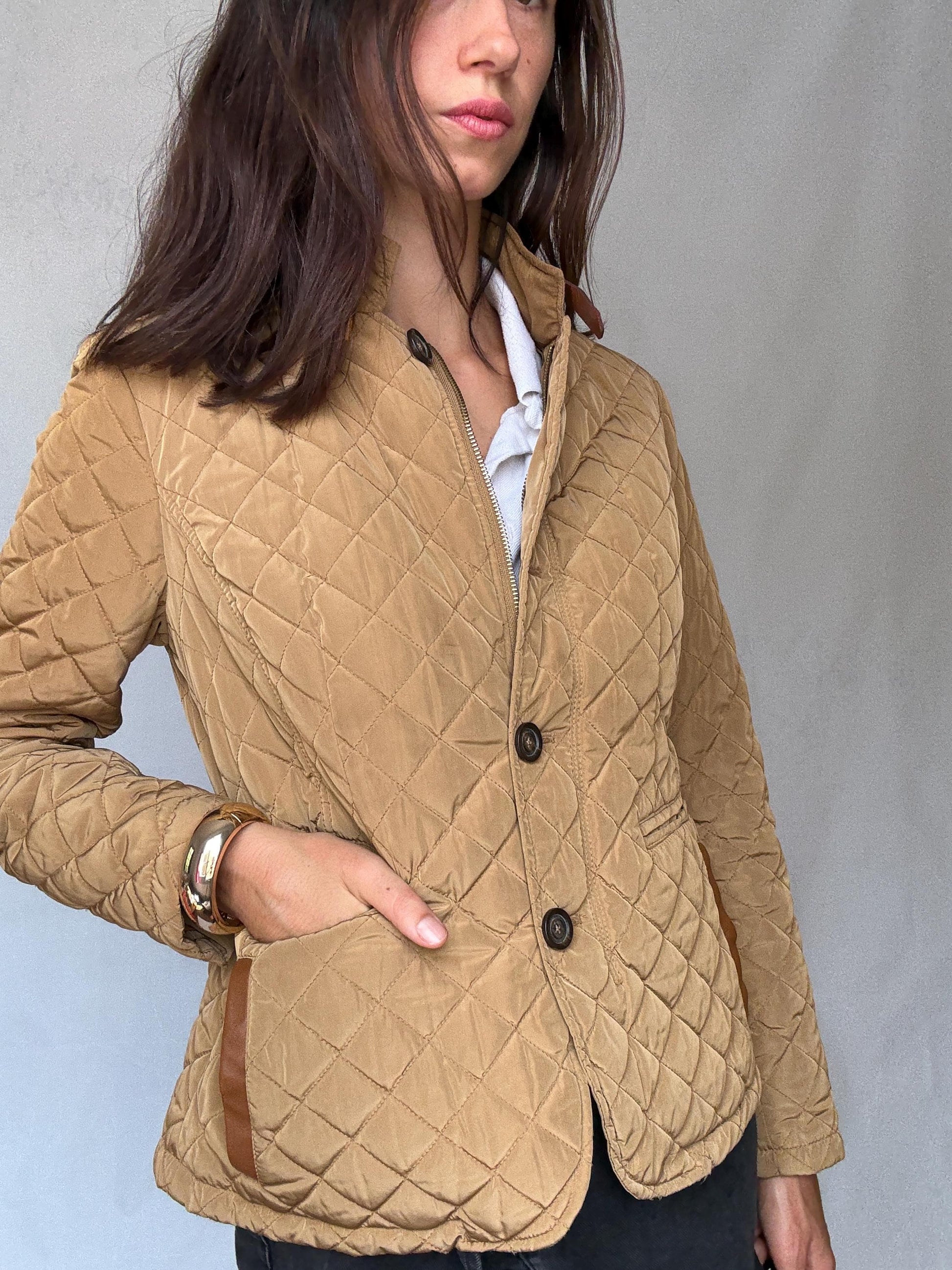 Massimo Dutti tan quilted coat, cotton feel, structured fit, two, button closure, leather, accented pockets, minimalist, US XL, smart casual