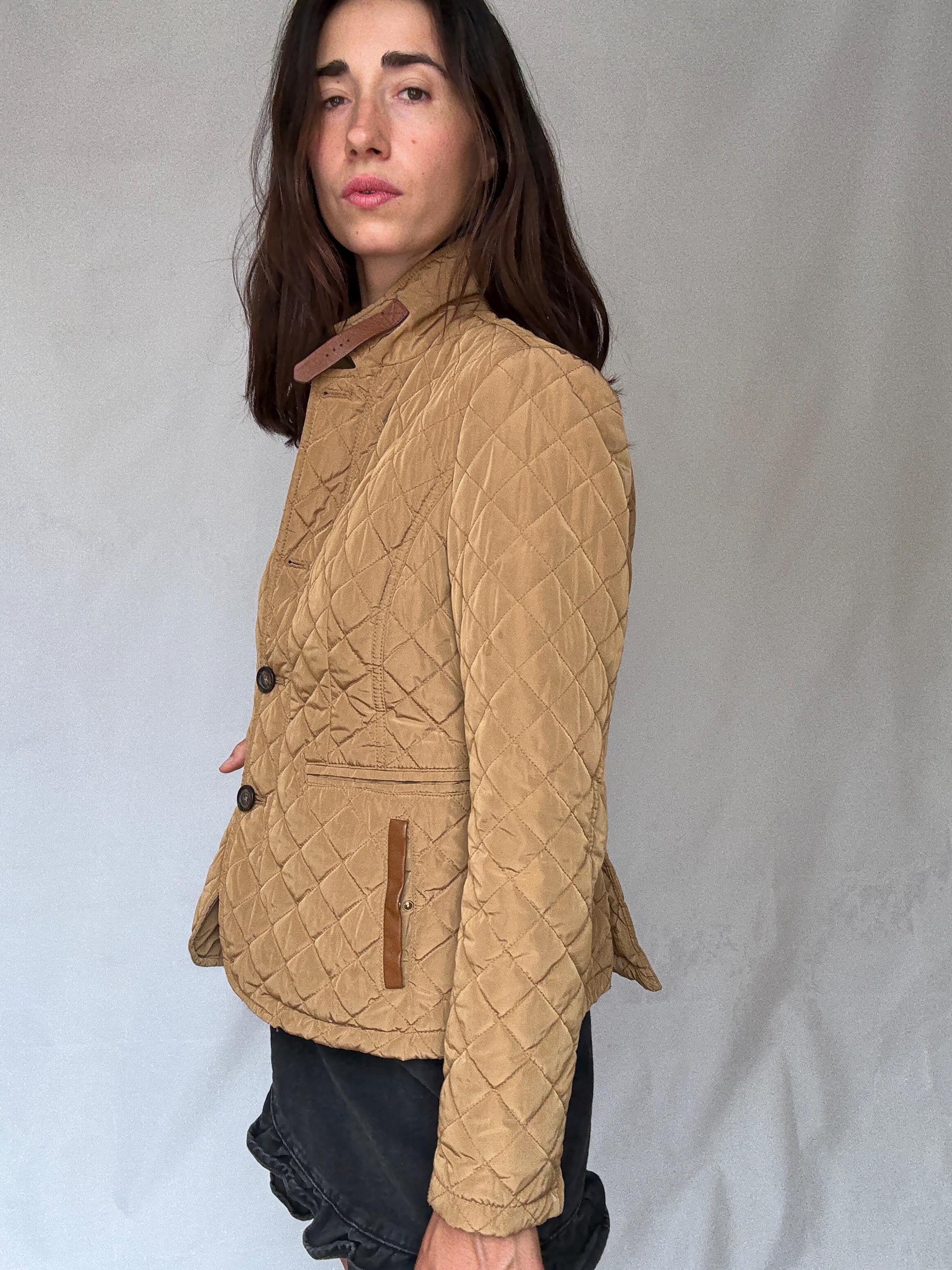 Massimo Dutti tan quilted coat, cotton feel, structured fit, two, button closure, leather, accented pockets, minimalist, US XL, smart casual