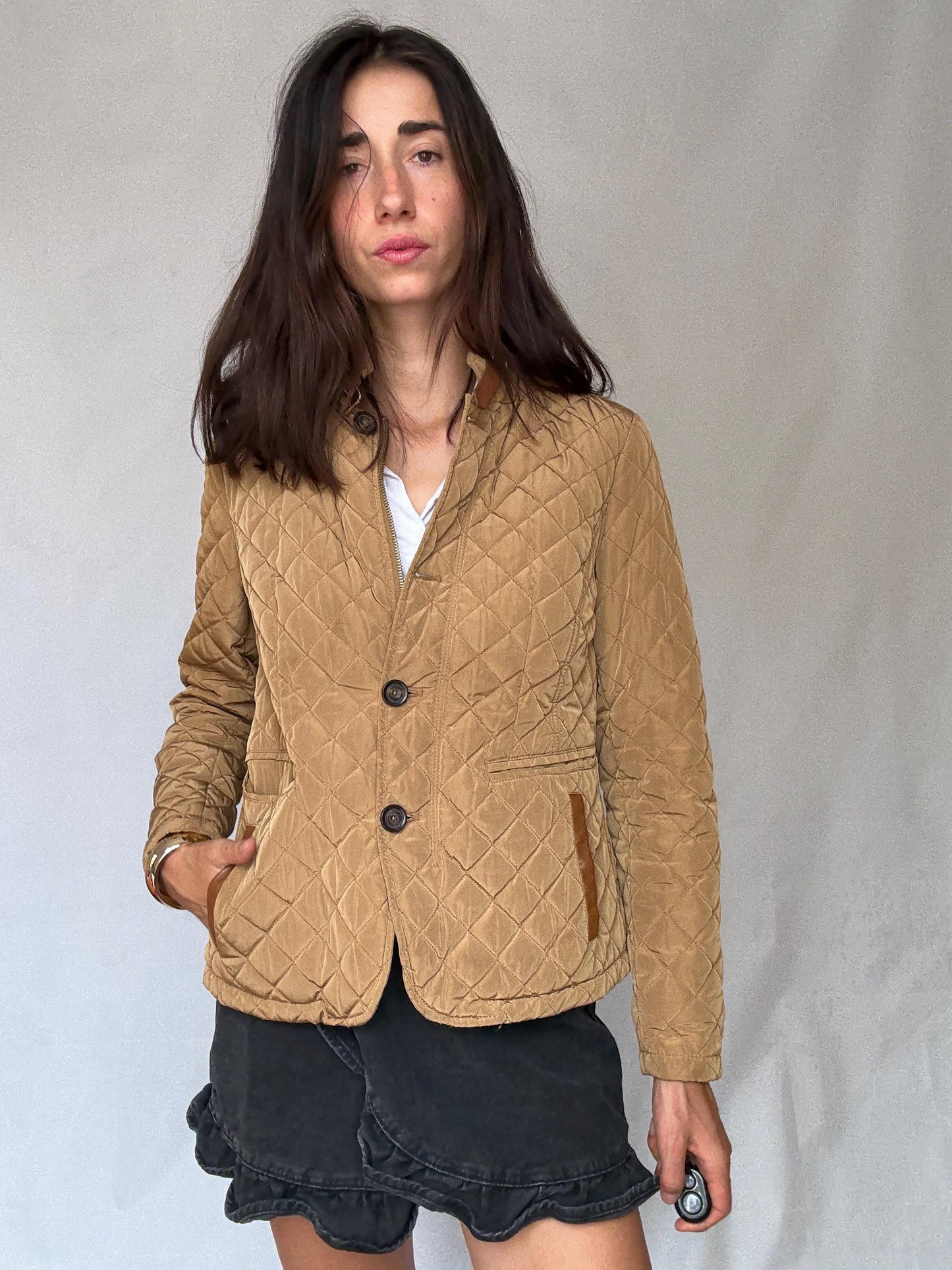 Massimo Dutti tan quilted coat, cotton feel, structured fit, two, button closure, leather, accented pockets, minimalist, US XL, smart casual