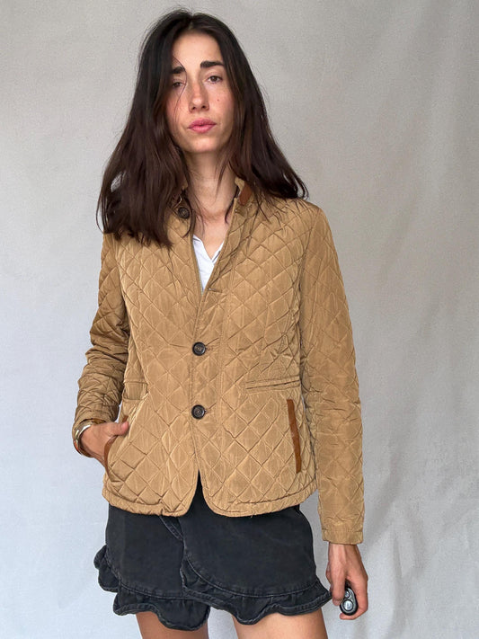 Massimo Dutti tan quilted coat, cotton feel, structured fit, two, button closure, leather, accented pockets, minimalist, US XL, smart casual