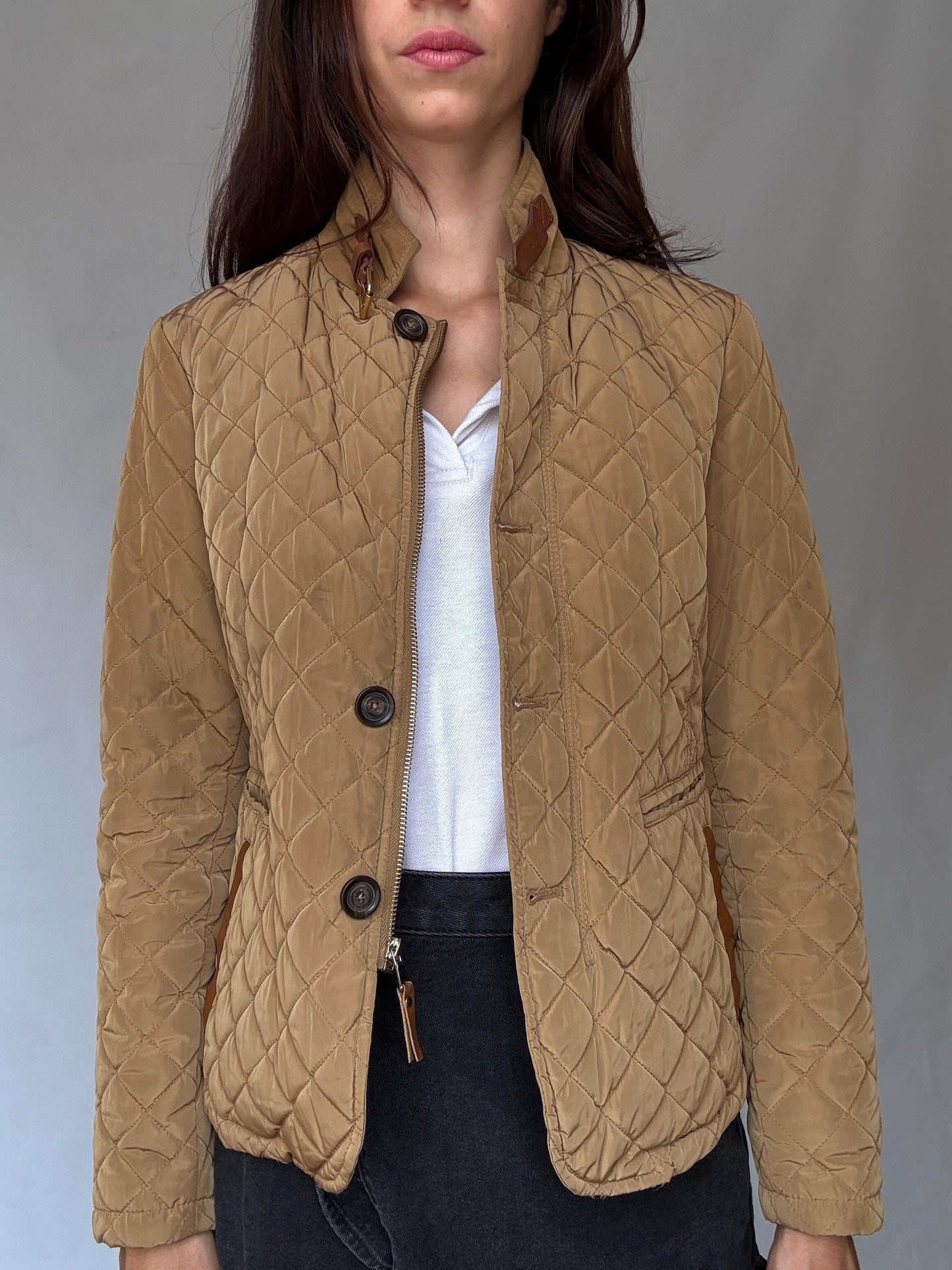 Massimo Dutti tan quilted coat, cotton feel, structured fit, two, button closure, leather, accented pockets, minimalist, US XL, smart casual